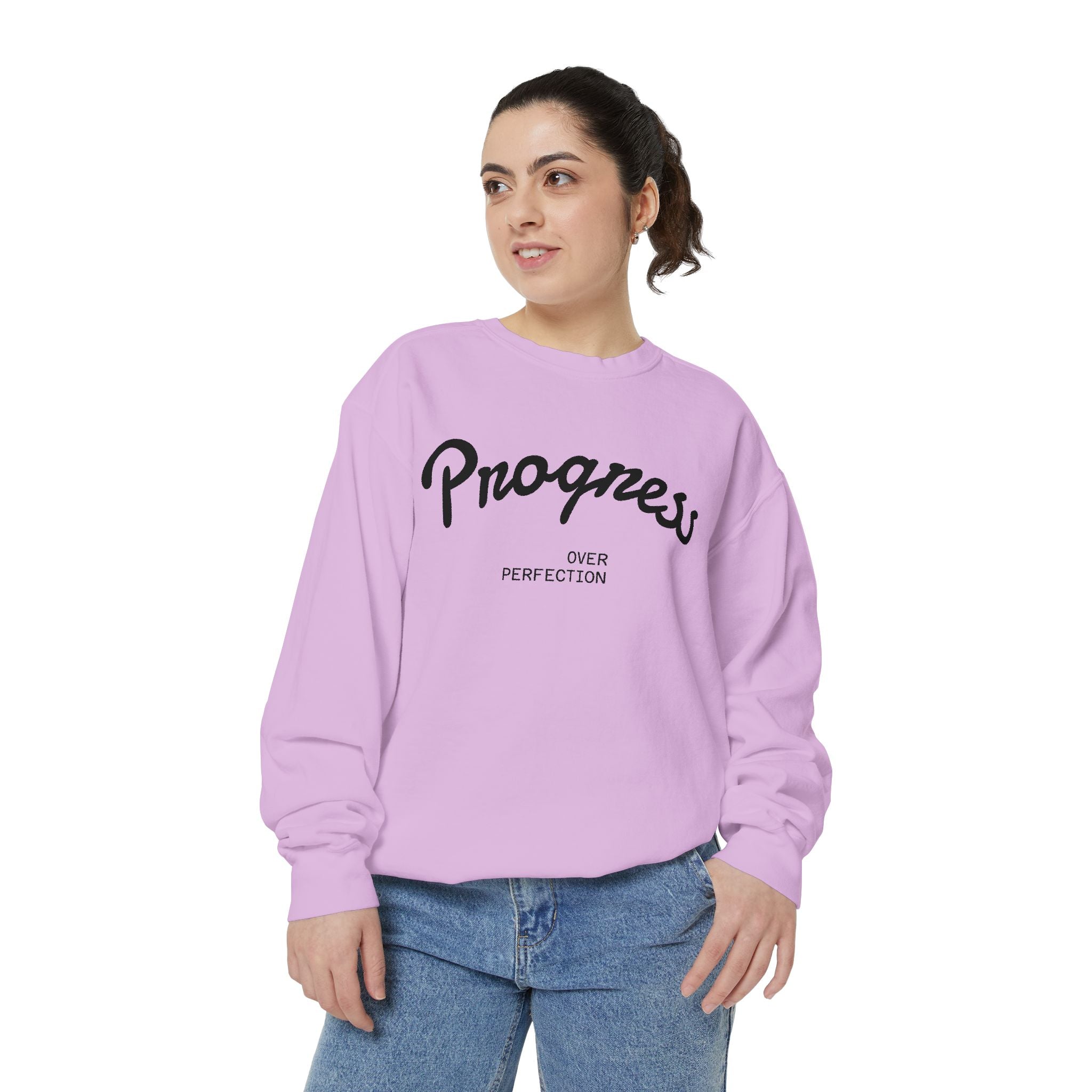 Progress Over Perfection Sweatshirt — Minimal Embroidered Motivational Crewneck