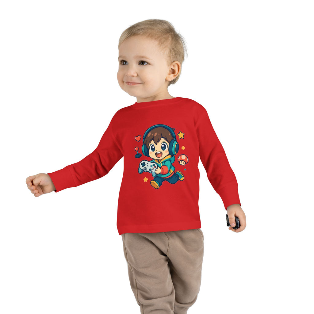 Kids Gamer Tee — Cute Cartoon Boy with Controller Long Sleeve Toddler Shirt