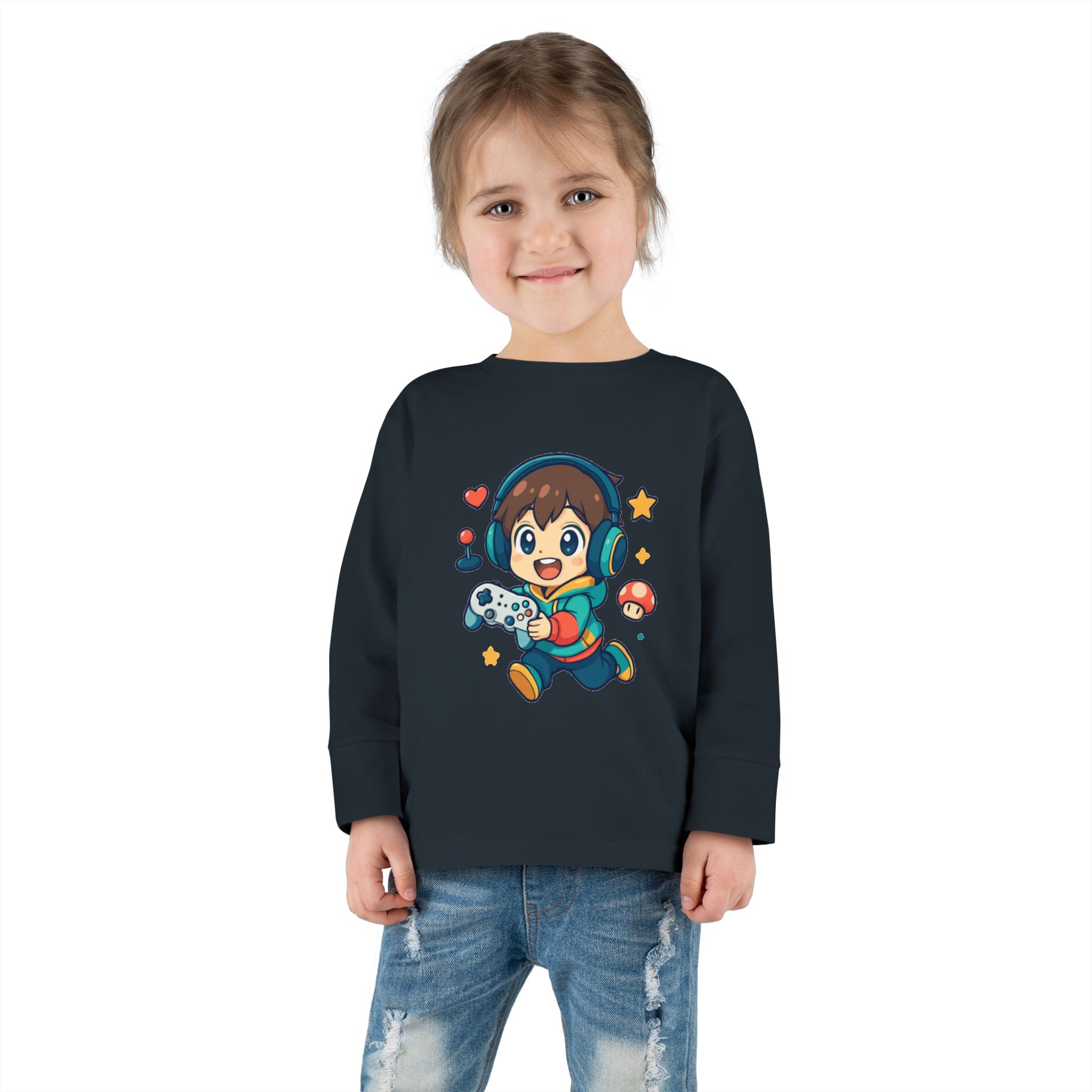 Kids Gamer Tee — Cute Cartoon Boy with Controller Long Sleeve Toddler Shirt
