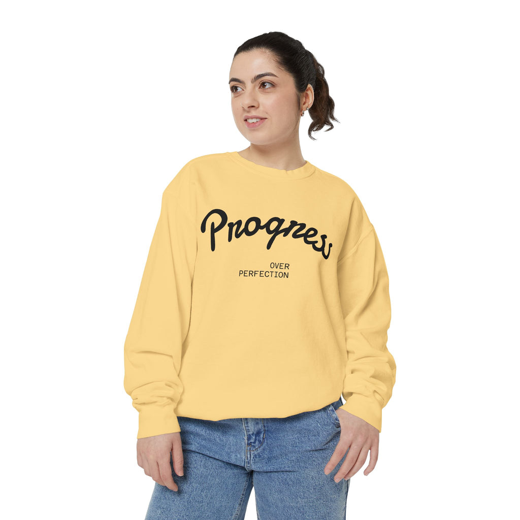 Progress Over Perfection Sweatshirt — Minimal Embroidered Motivational Crewneck