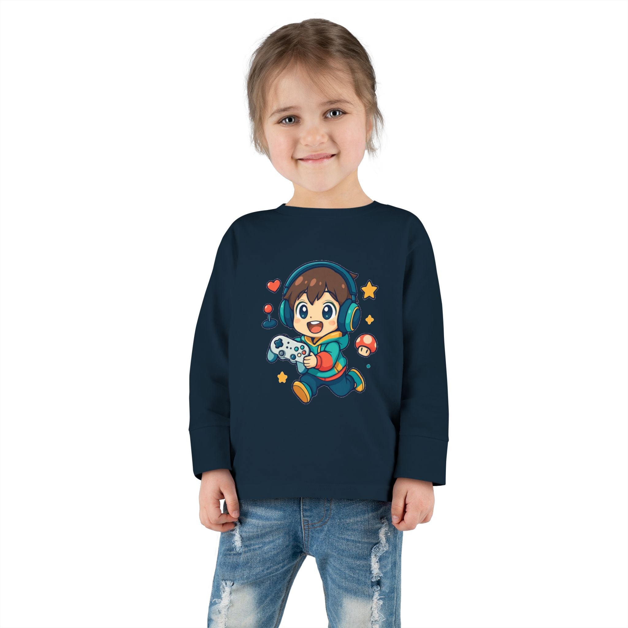 Kids Gamer Tee — Cute Cartoon Boy with Controller Long Sleeve Toddler Shirt