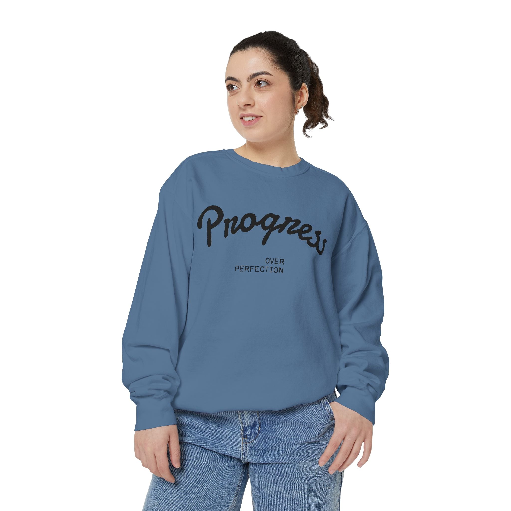 Progress Over Perfection Sweatshirt — Minimal Embroidered Motivational Crewneck