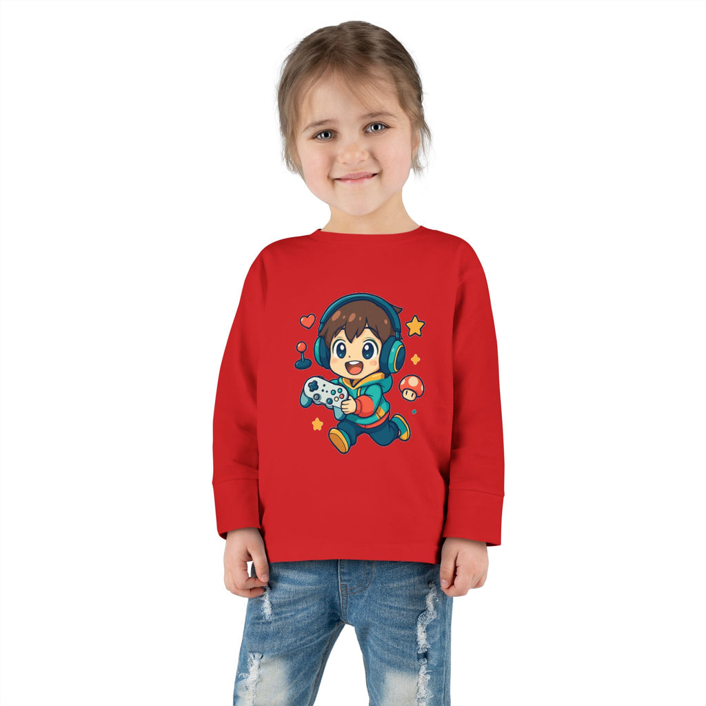 Kids Gamer Tee — Cute Cartoon Boy with Controller Long Sleeve Toddler Shirt