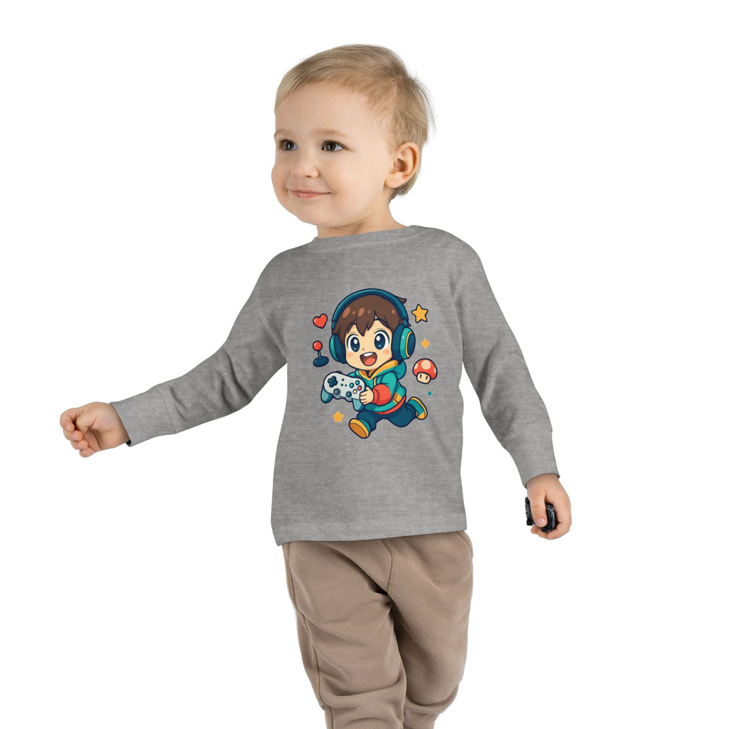 Kids Gamer Tee — Cute Cartoon Boy with Controller Long Sleeve Toddler Shirt