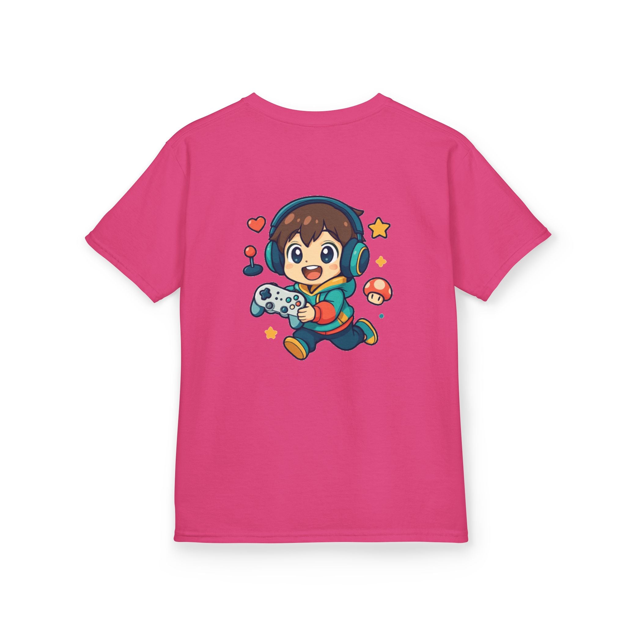 Kids Gamer Tee — Colorful Graphic Back Print & Minimal Front Logo (Many Colors)