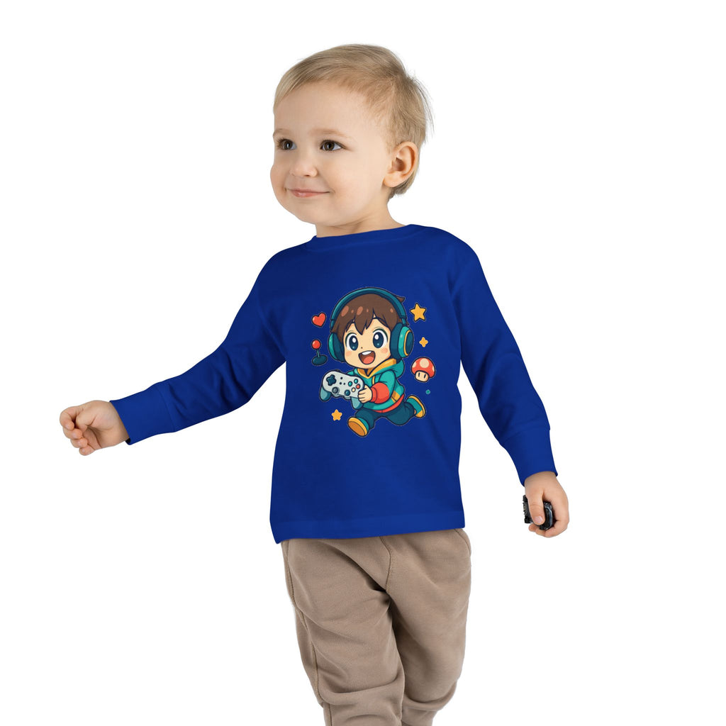 Kids Gamer Tee — Cute Cartoon Boy with Controller Long Sleeve Toddler Shirt