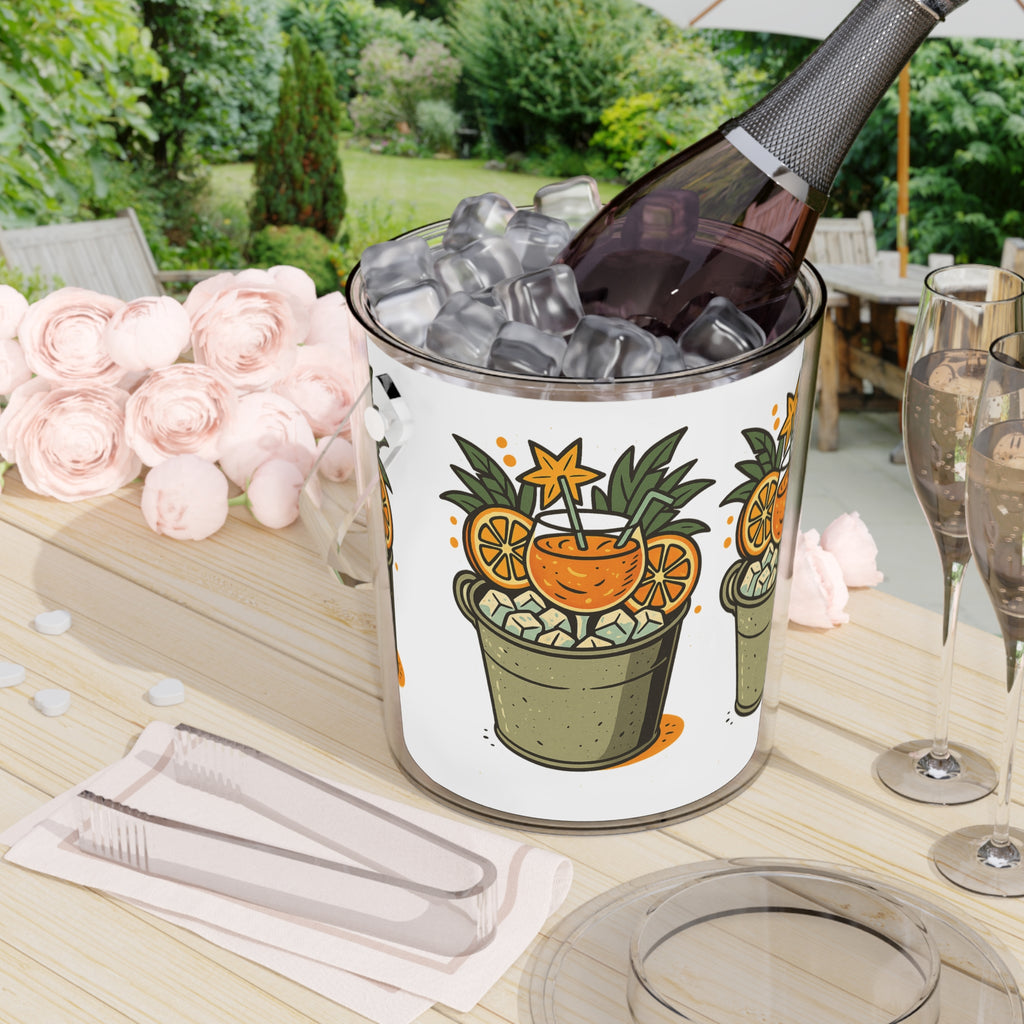 Tropical Cocktail Ice Bucket with Tongs – Pineapple Orange Drink Design