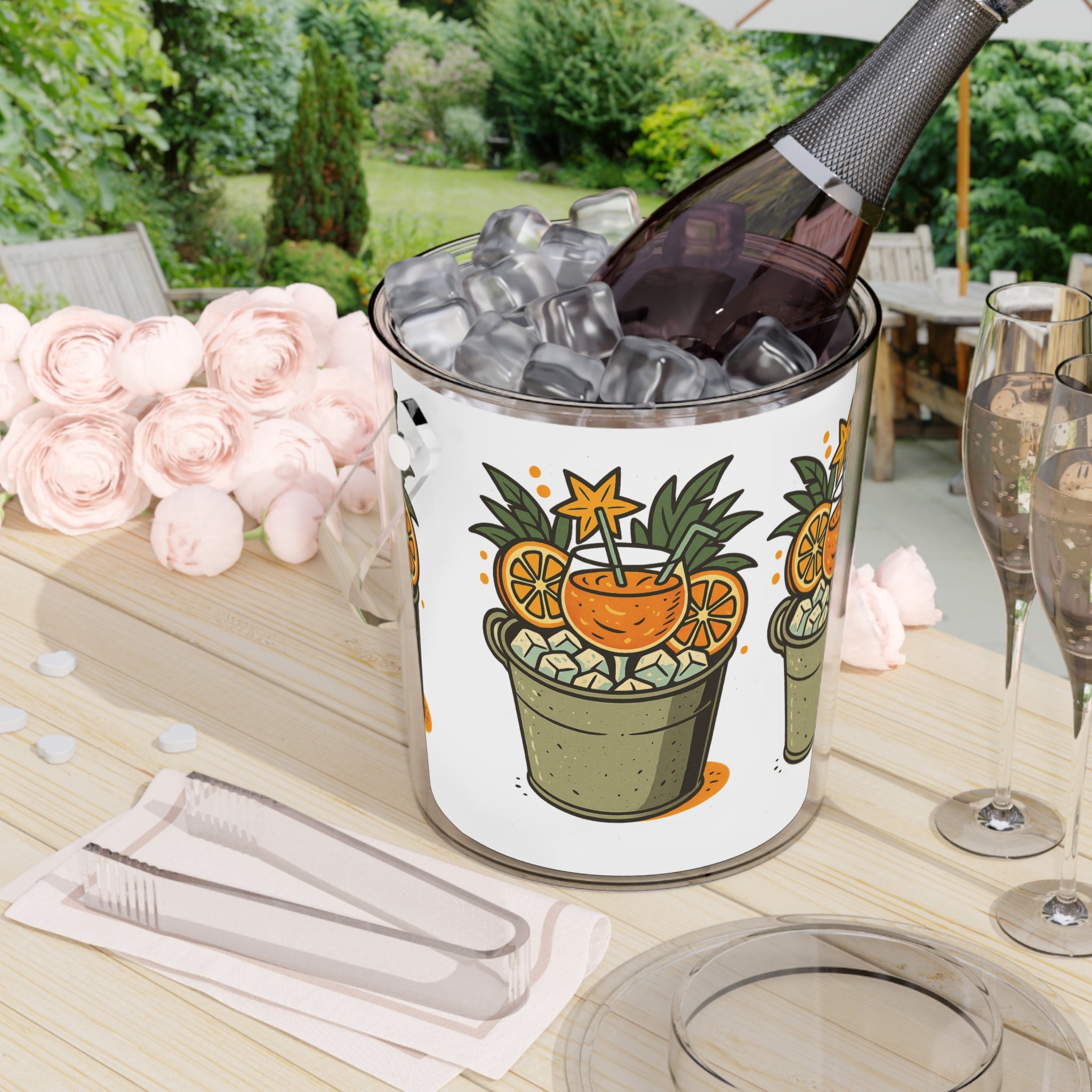 Tropical Cocktail Ice Bucket with Tongs – Pineapple Orange Drink Design