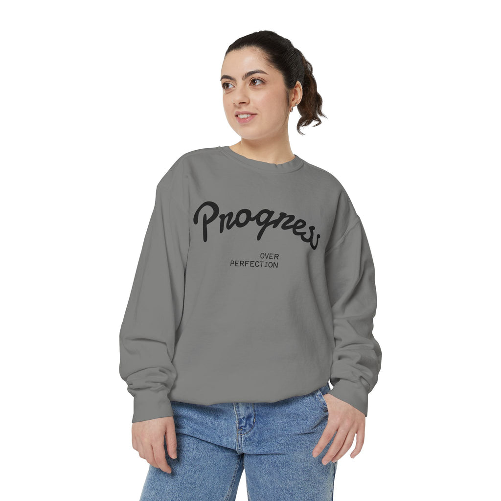Progress Over Perfection Sweatshirt — Minimal Embroidered Motivational Crewneck