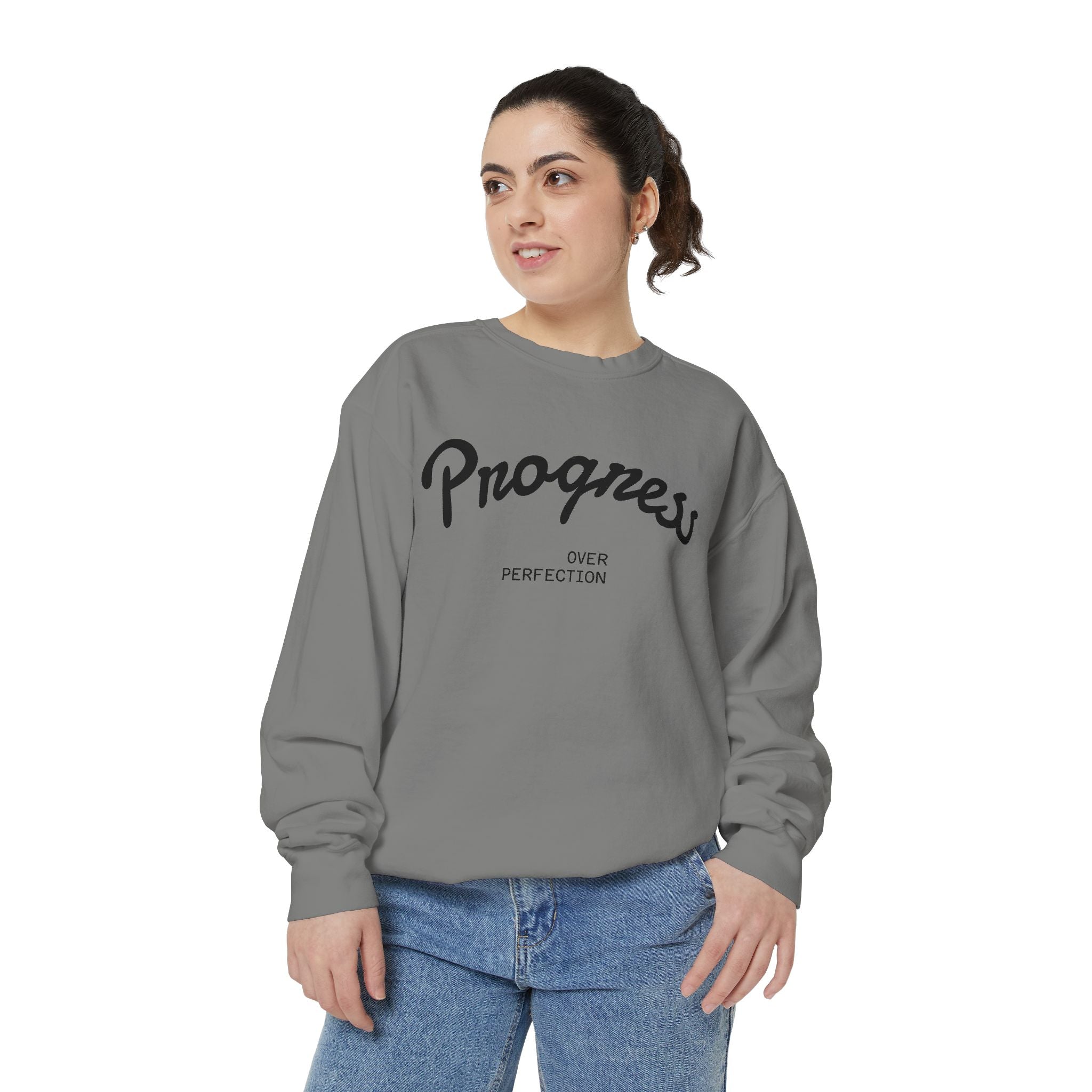 Progress Over Perfection Sweatshirt — Minimal Embroidered Motivational Crewneck