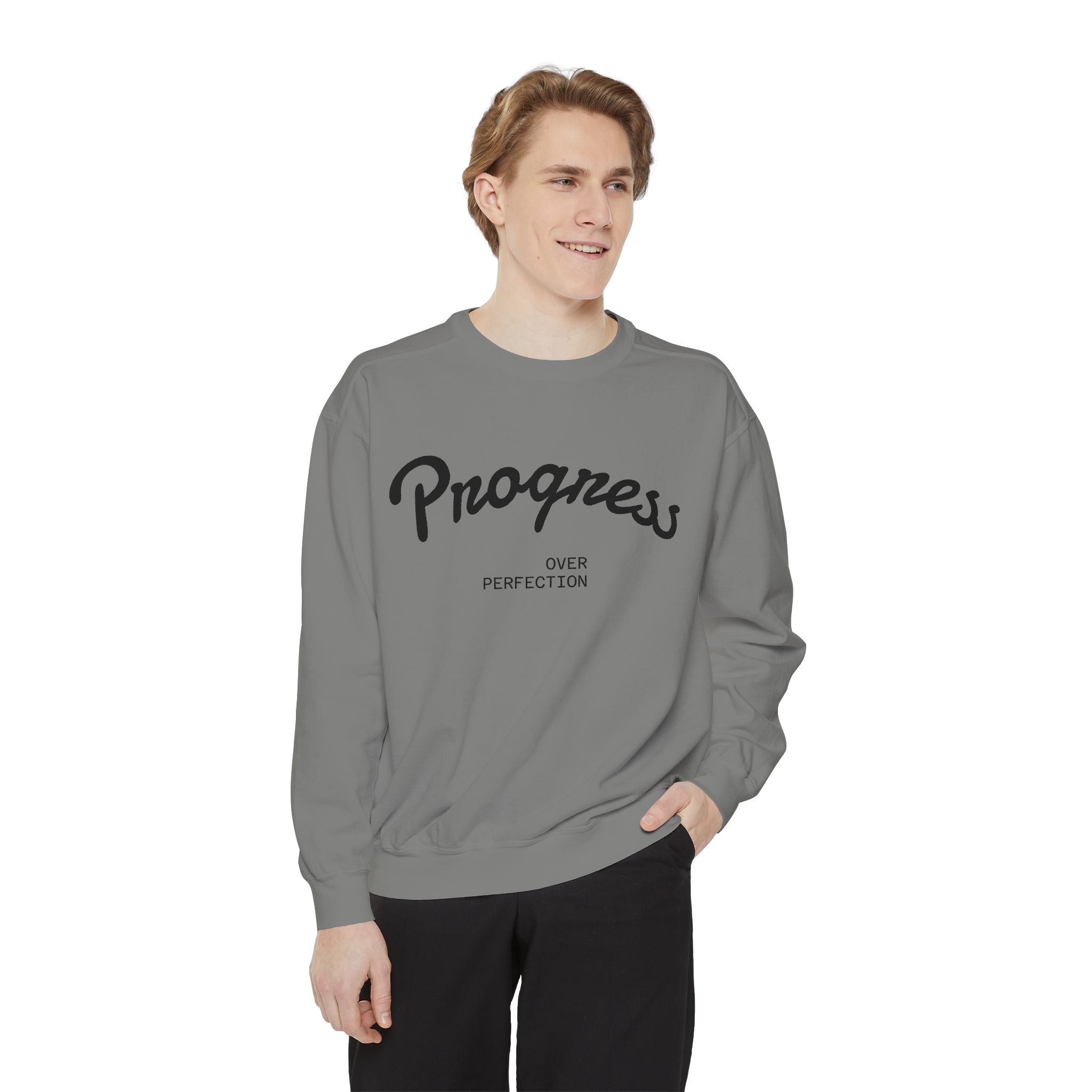 Progress Over Perfection Sweatshirt — Minimal Embroidered Motivational Crewneck