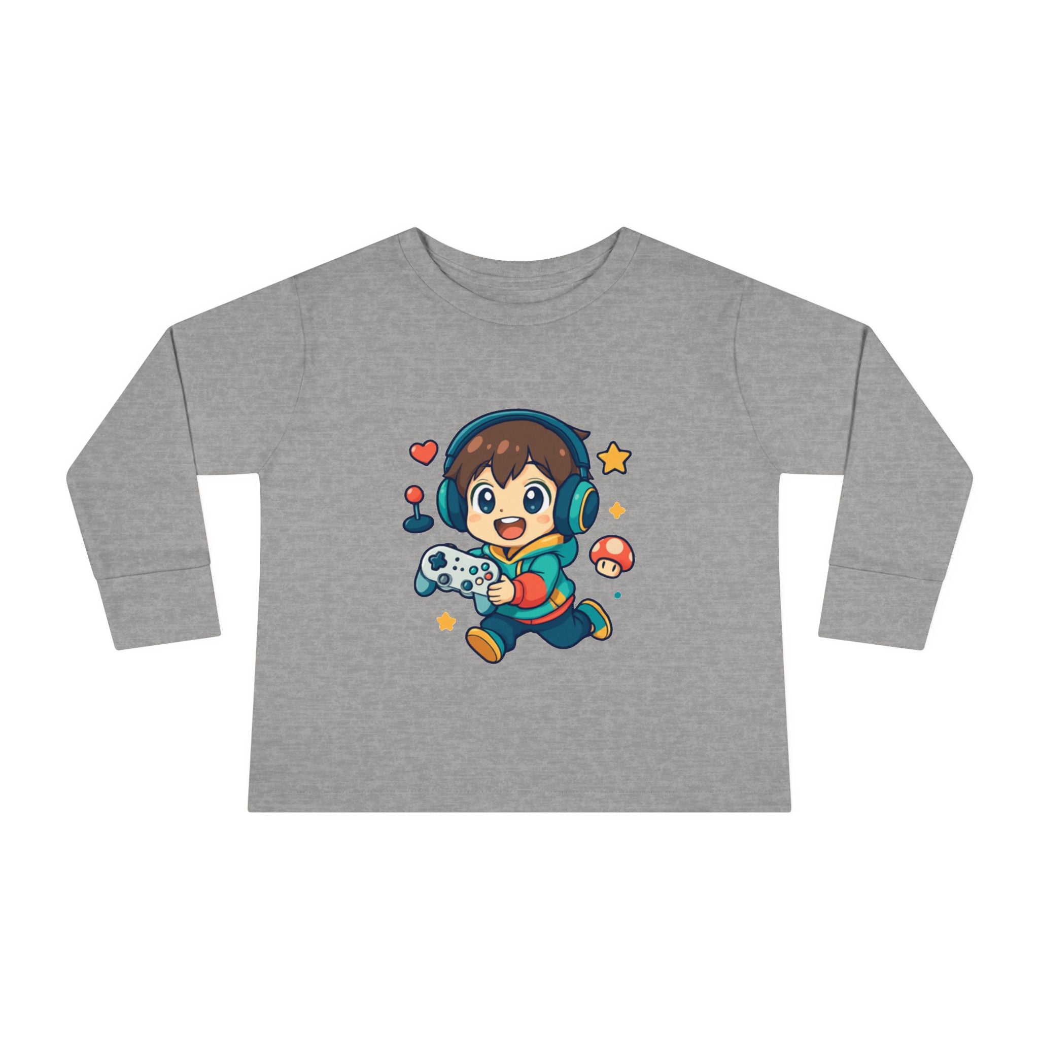 Kids Gamer Tee — Cute Cartoon Boy with Controller Long Sleeve Toddler Shirt