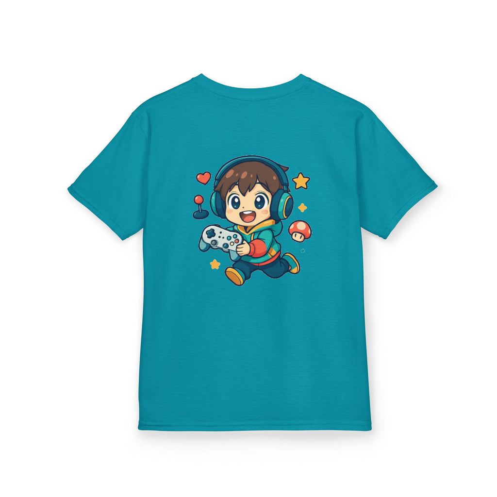 Kids Gamer Tee — Colorful Graphic Back Print & Minimal Front Logo (Many Colors)