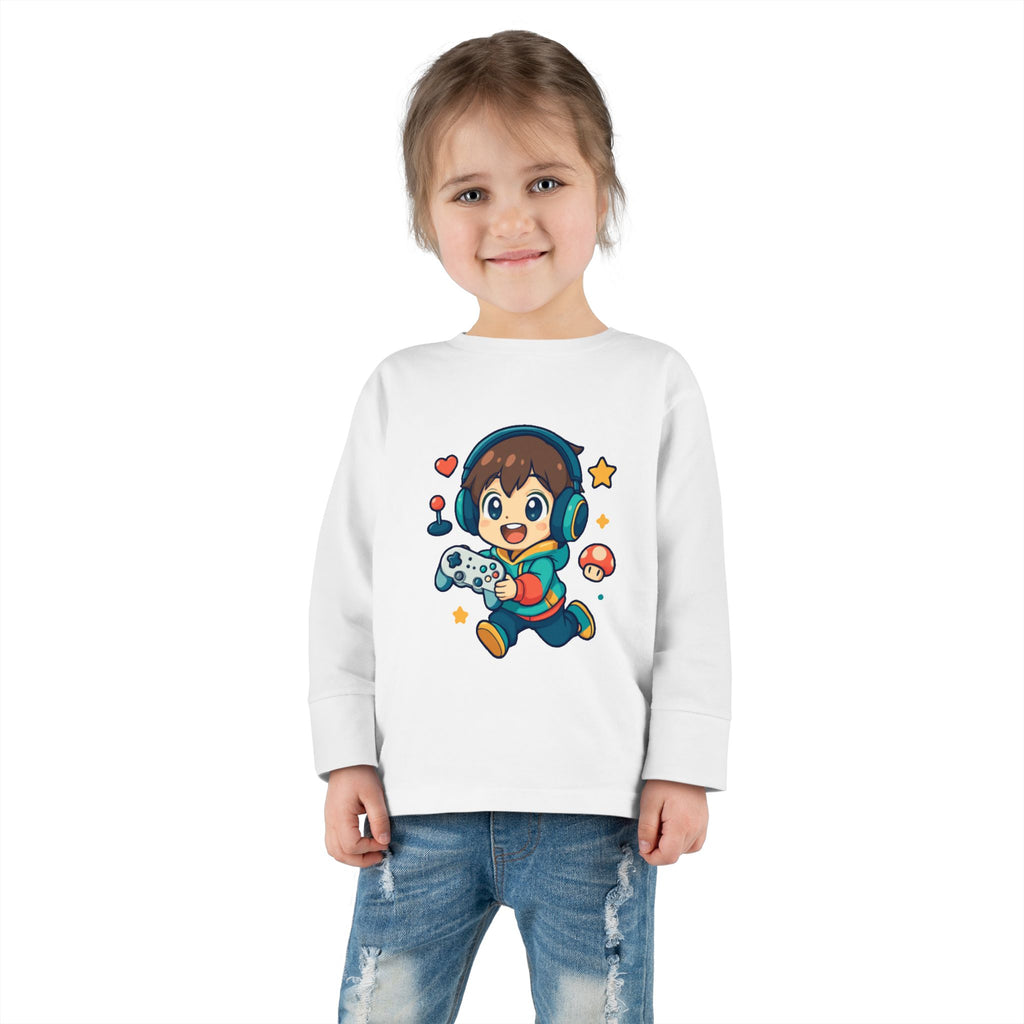Kids Gamer Tee — Cute Cartoon Boy with Controller Long Sleeve Toddler Shirt