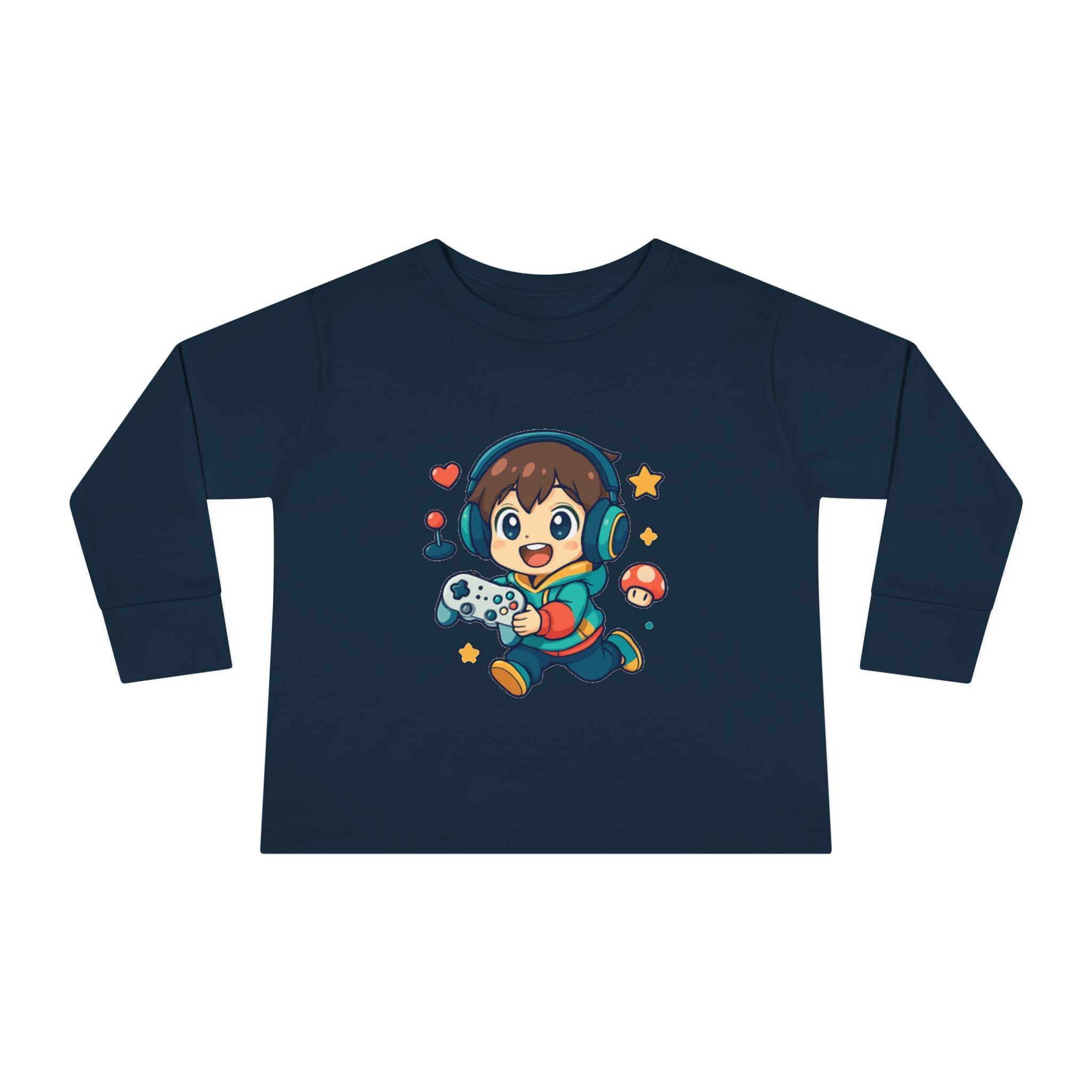 Kids Gamer Tee — Cute Cartoon Boy with Controller Long Sleeve Toddler Shirt