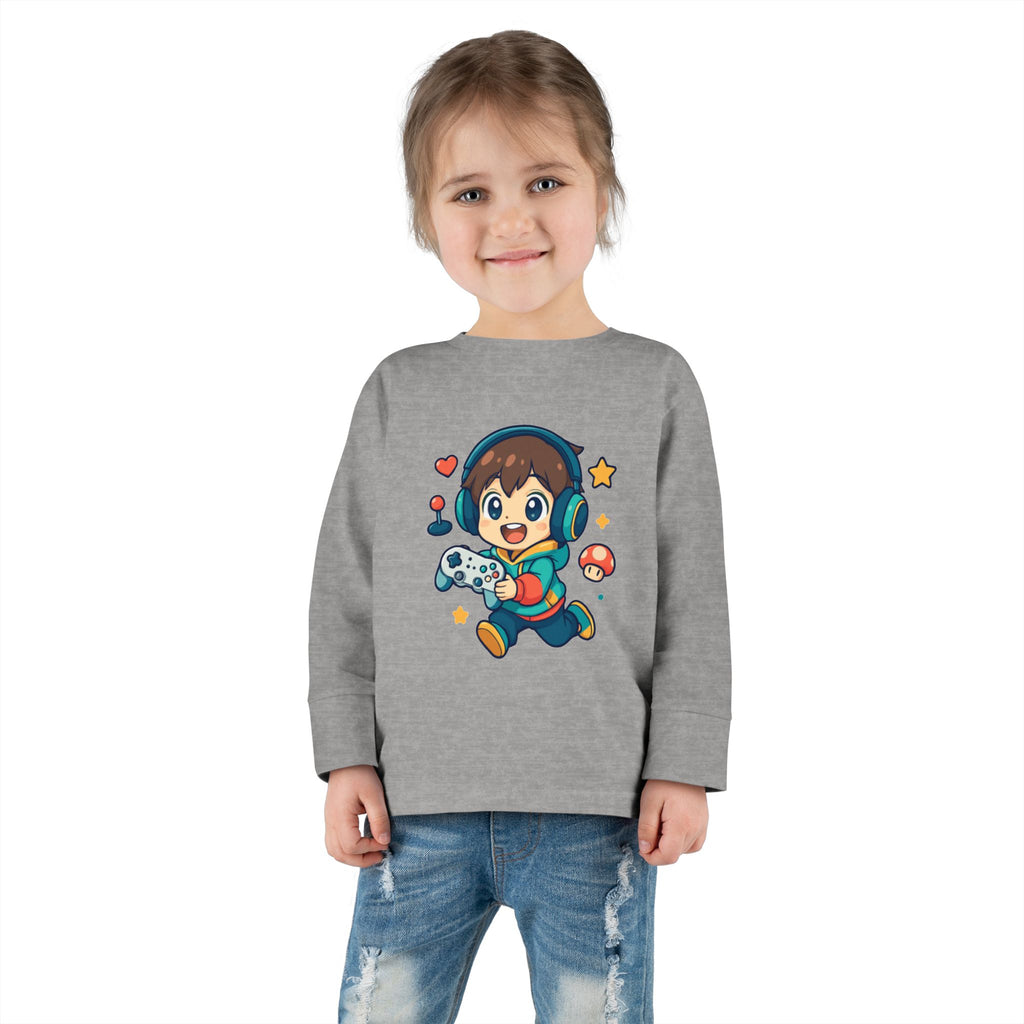 Kids Gamer Tee — Cute Cartoon Boy with Controller Long Sleeve Toddler Shirt