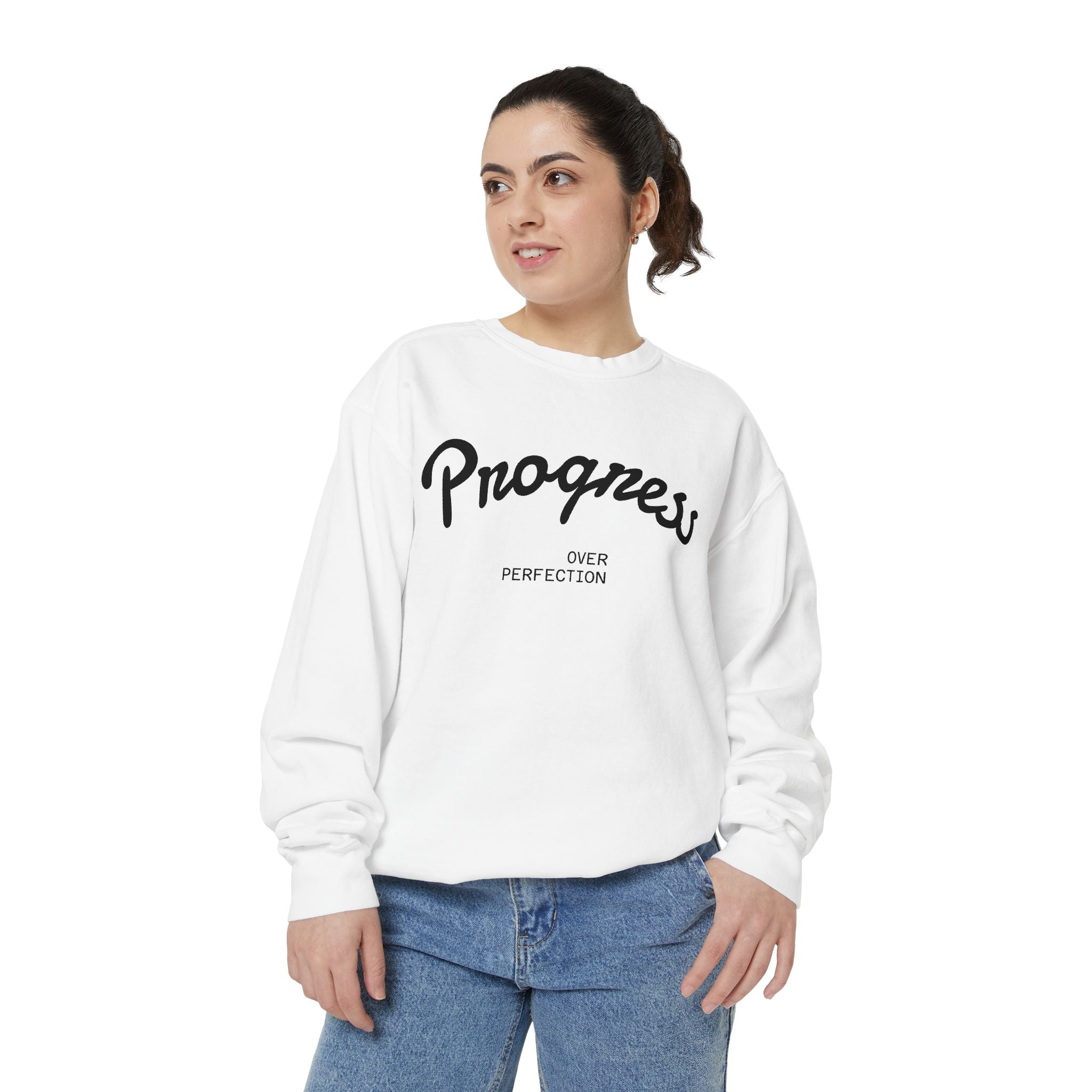 Progress Over Perfection Sweatshirt — Minimal Embroidered Motivational Crewneck