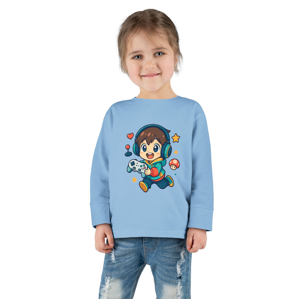 Kids Gamer Tee — Cute Cartoon Boy with Controller Long Sleeve Toddler Shirt