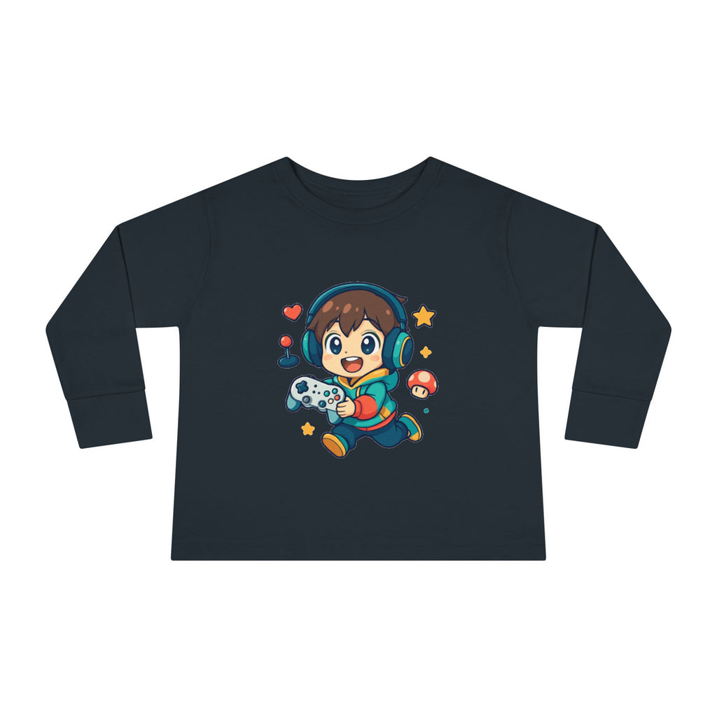Kids Gamer Tee — Cute Cartoon Boy with Controller Long Sleeve Toddler Shirt