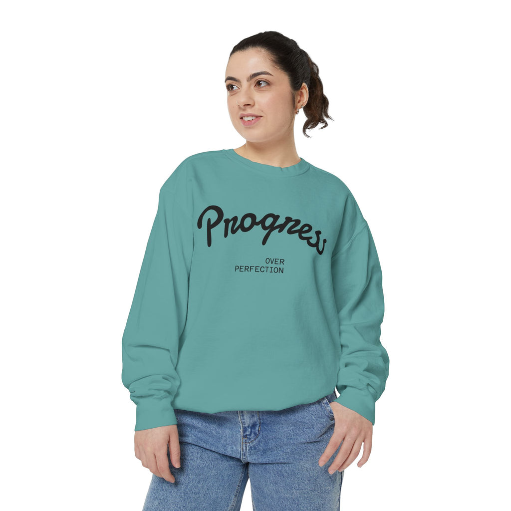 Progress Over Perfection Sweatshirt — Minimal Embroidered Motivational Crewneck