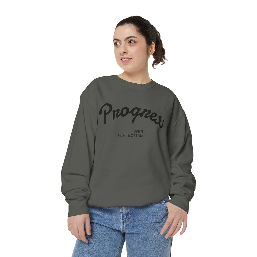 Progress Over Perfection Sweatshirt — Minimal Embroidered Motivational Crewneck