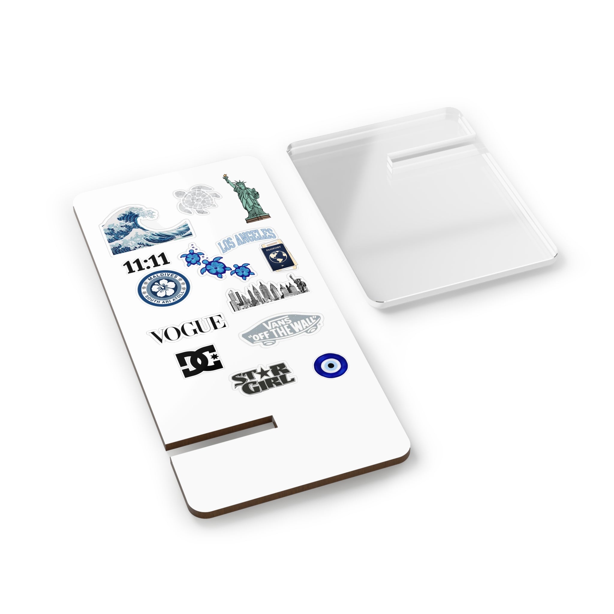 Acrylic Phone Stand with Sticker Collage Design — Foldable Mobile Display Stand