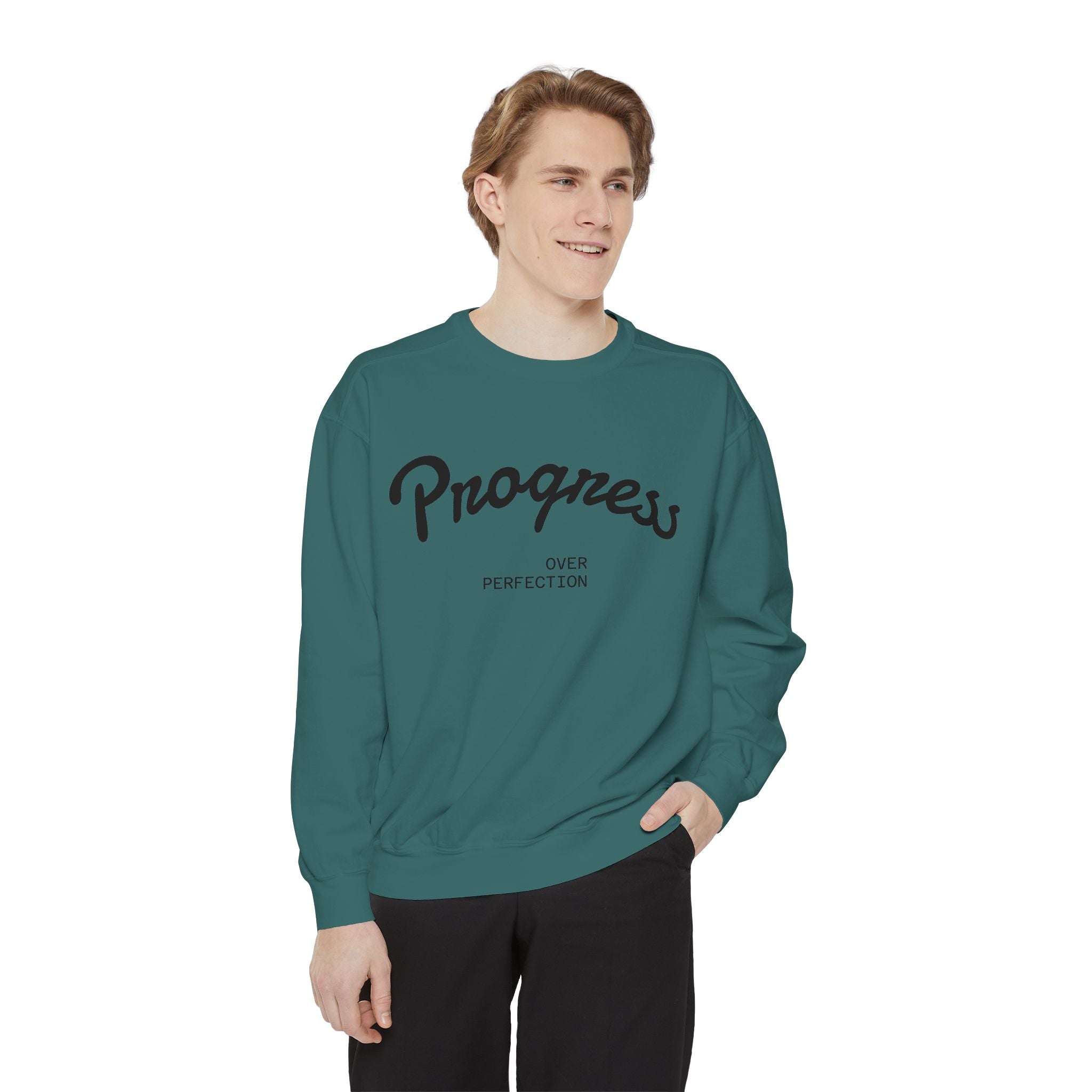 Progress Over Perfection Sweatshirt — Minimal Embroidered Motivational Crewneck