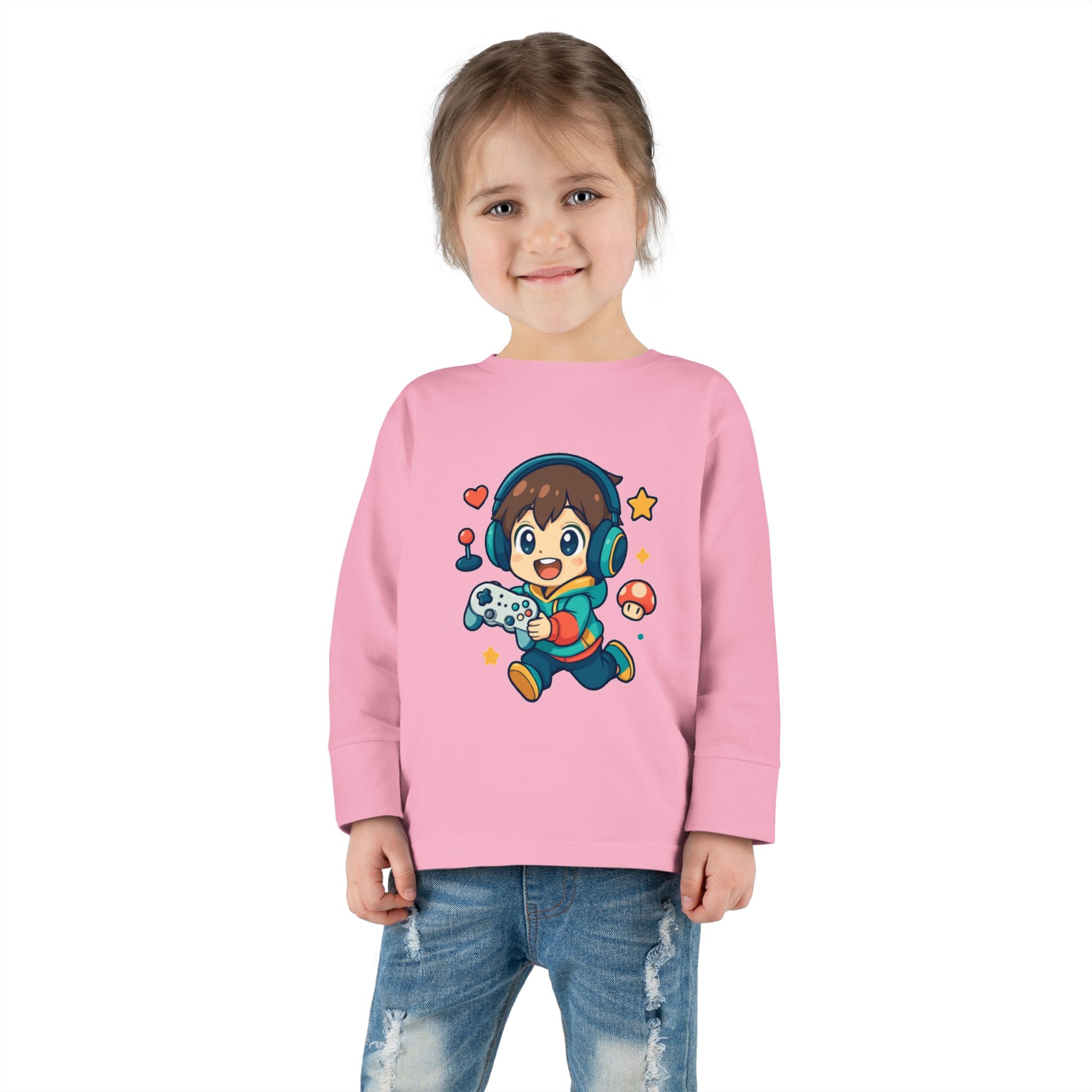 Kids Gamer Tee — Cute Cartoon Boy with Controller Long Sleeve Toddler Shirt