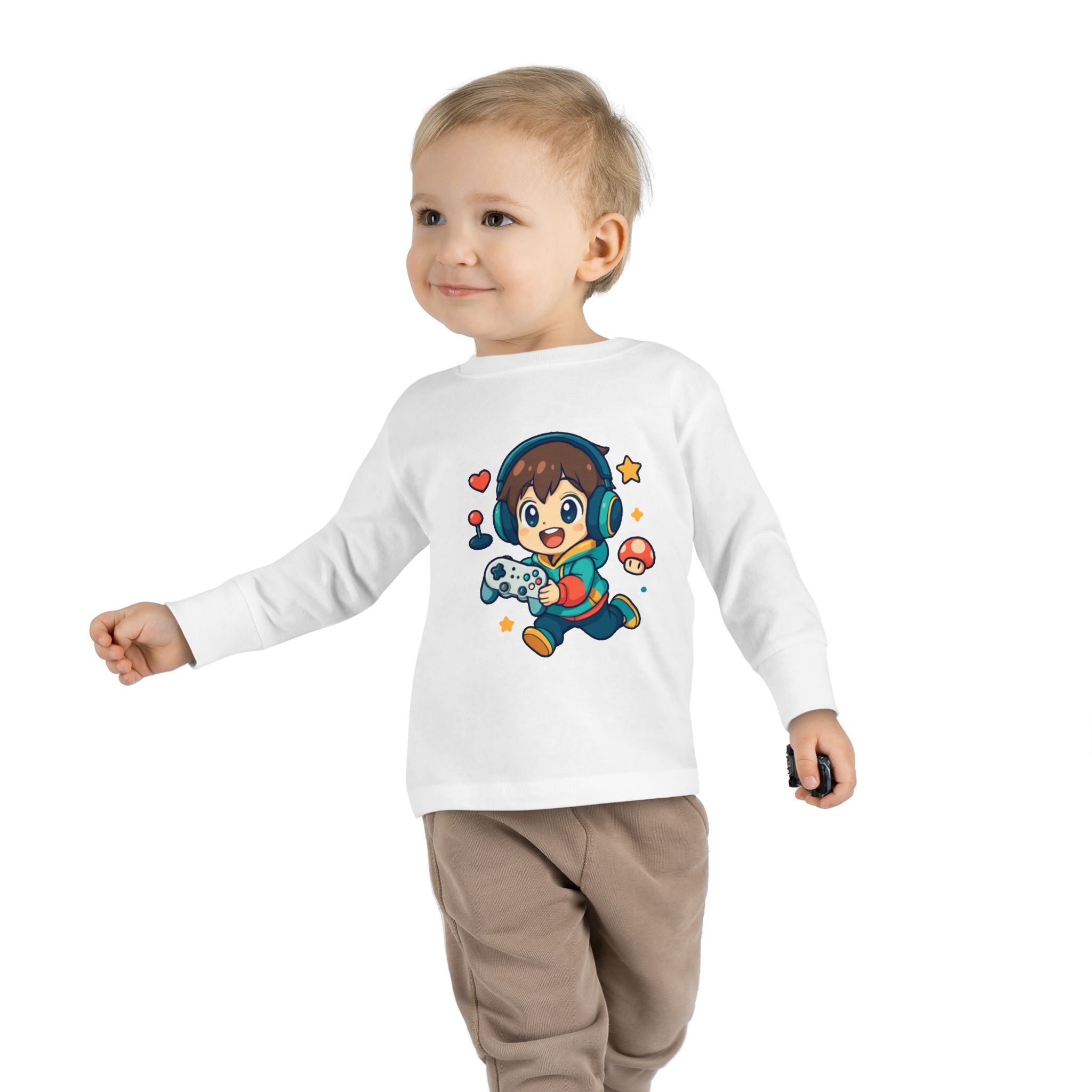Kids Gamer Tee — Cute Cartoon Boy with Controller Long Sleeve Toddler Shirt