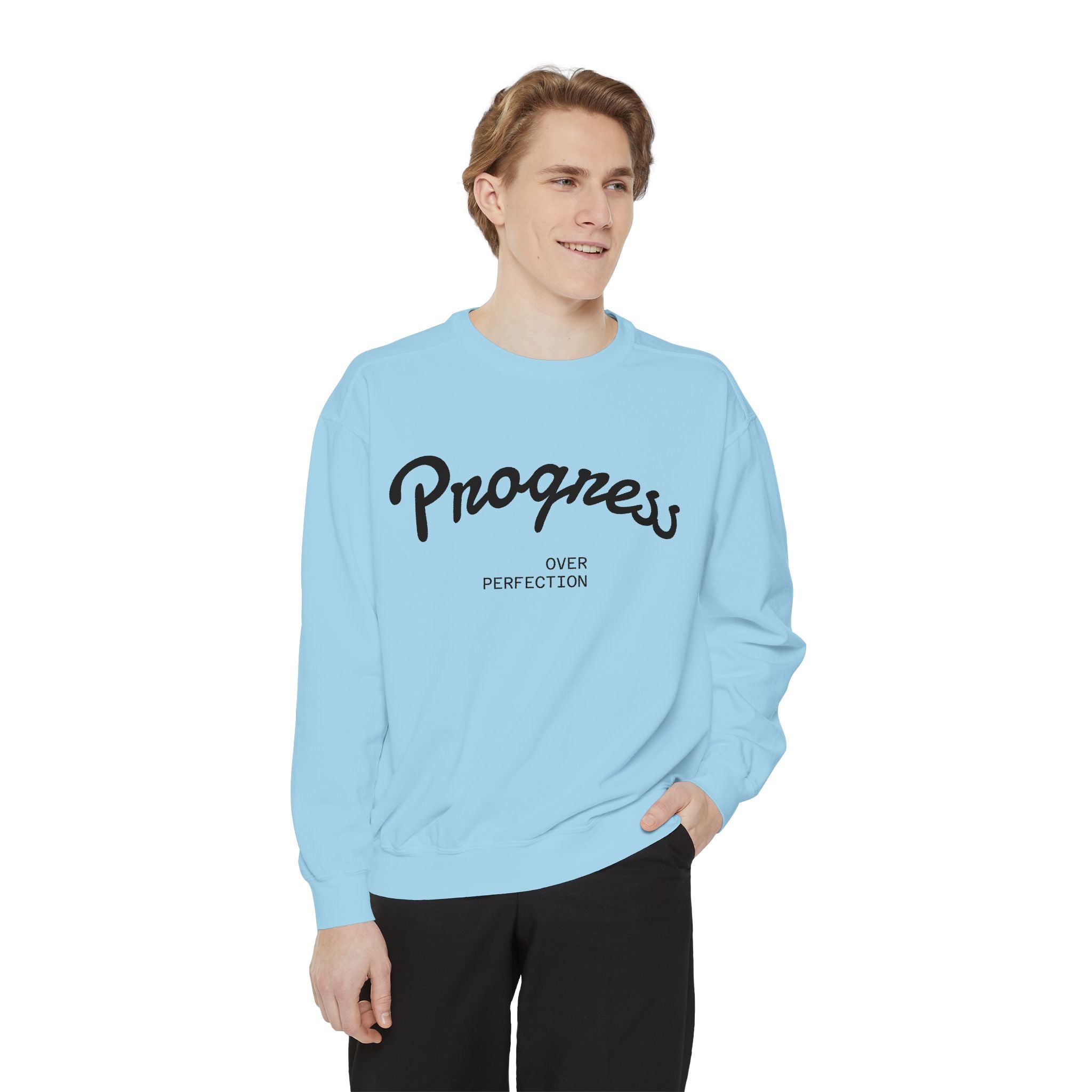 Progress Over Perfection Sweatshirt — Minimal Embroidered Motivational Crewneck