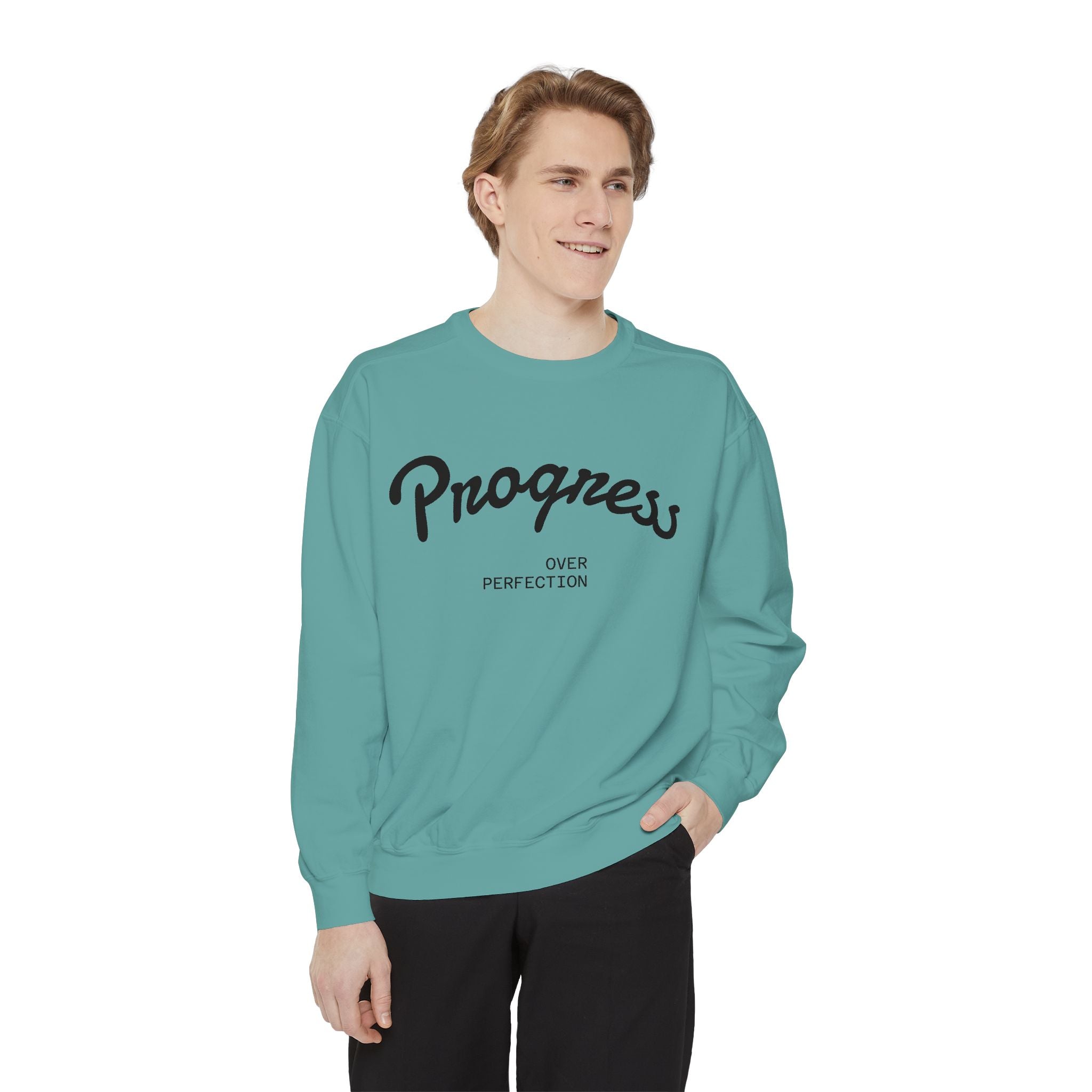 Progress Over Perfection Sweatshirt — Minimal Embroidered Motivational Crewneck