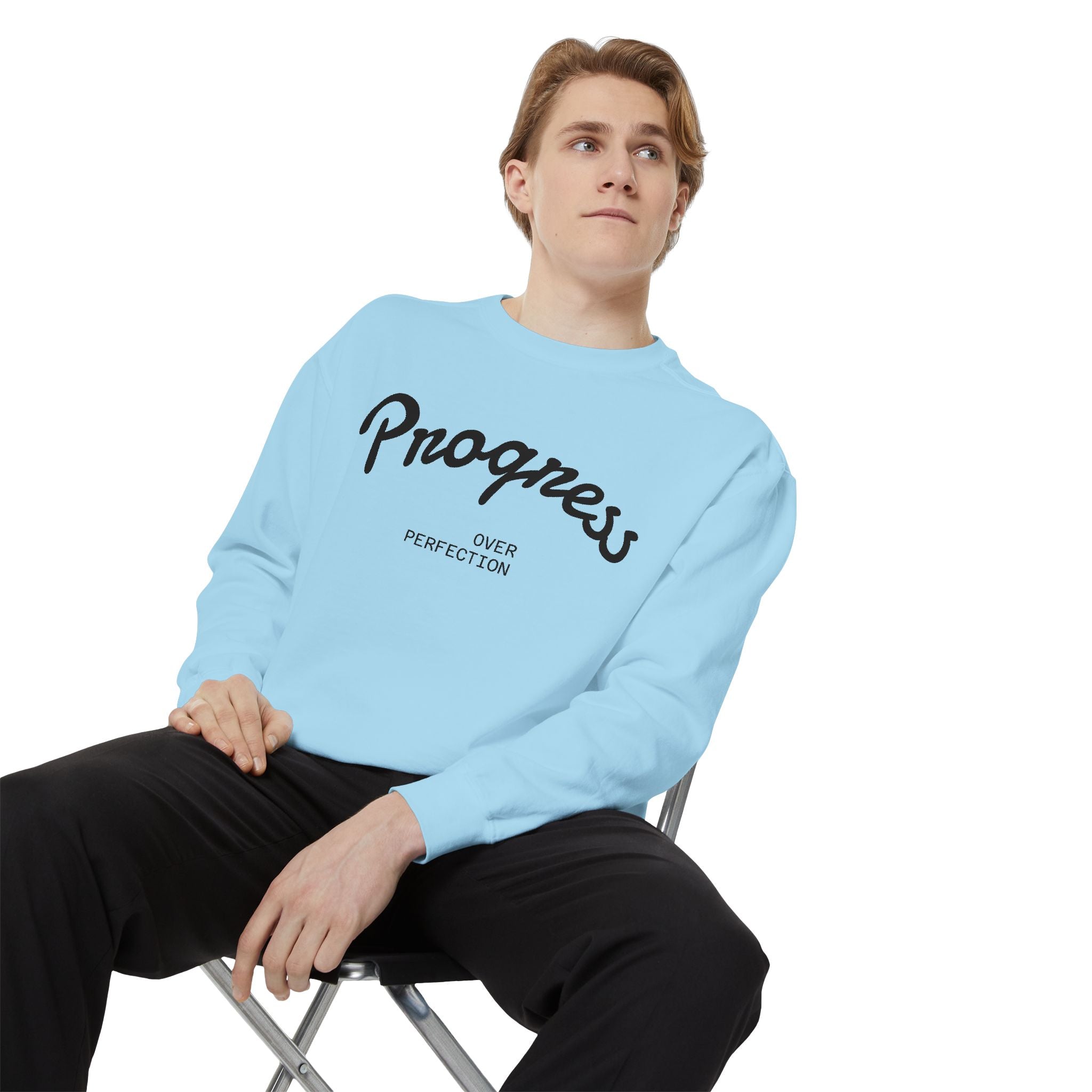 Progress Over Perfection Sweatshirt — Minimal Embroidered Motivational Crewneck