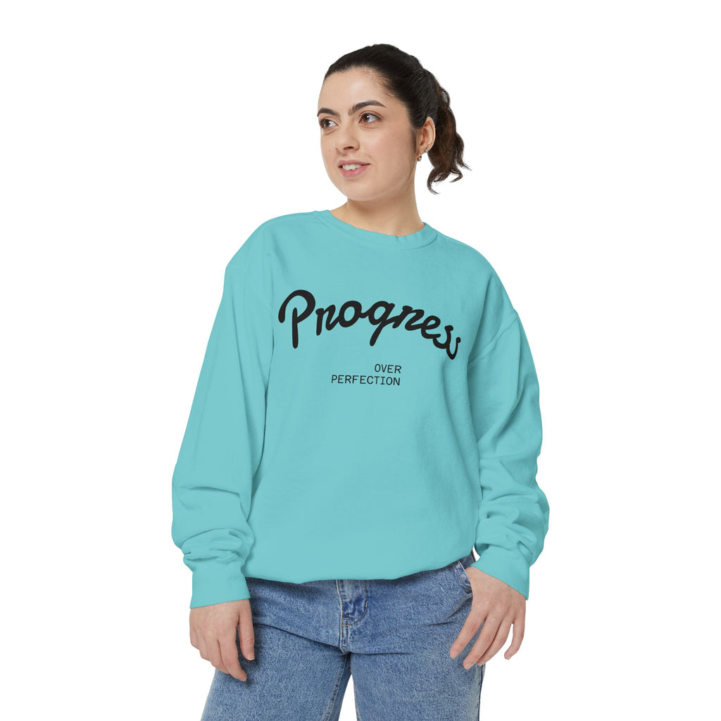 Progress Over Perfection Sweatshirt — Minimal Embroidered Motivational Crewneck