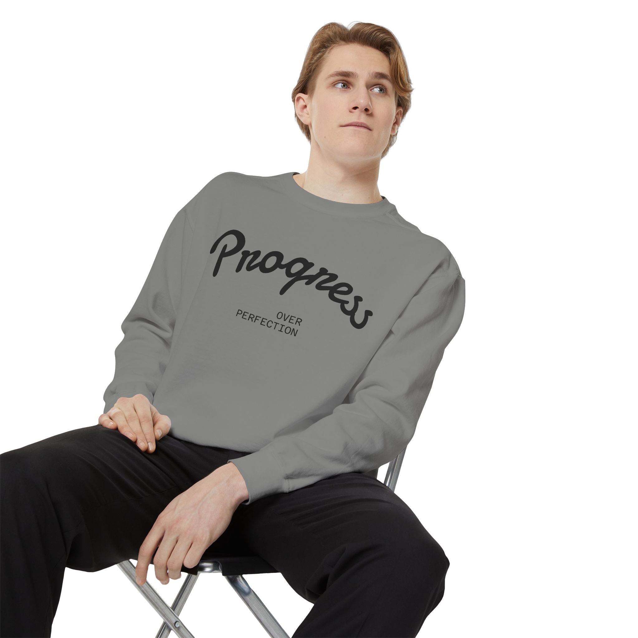 Progress Over Perfection Sweatshirt — Minimal Embroidered Motivational Crewneck