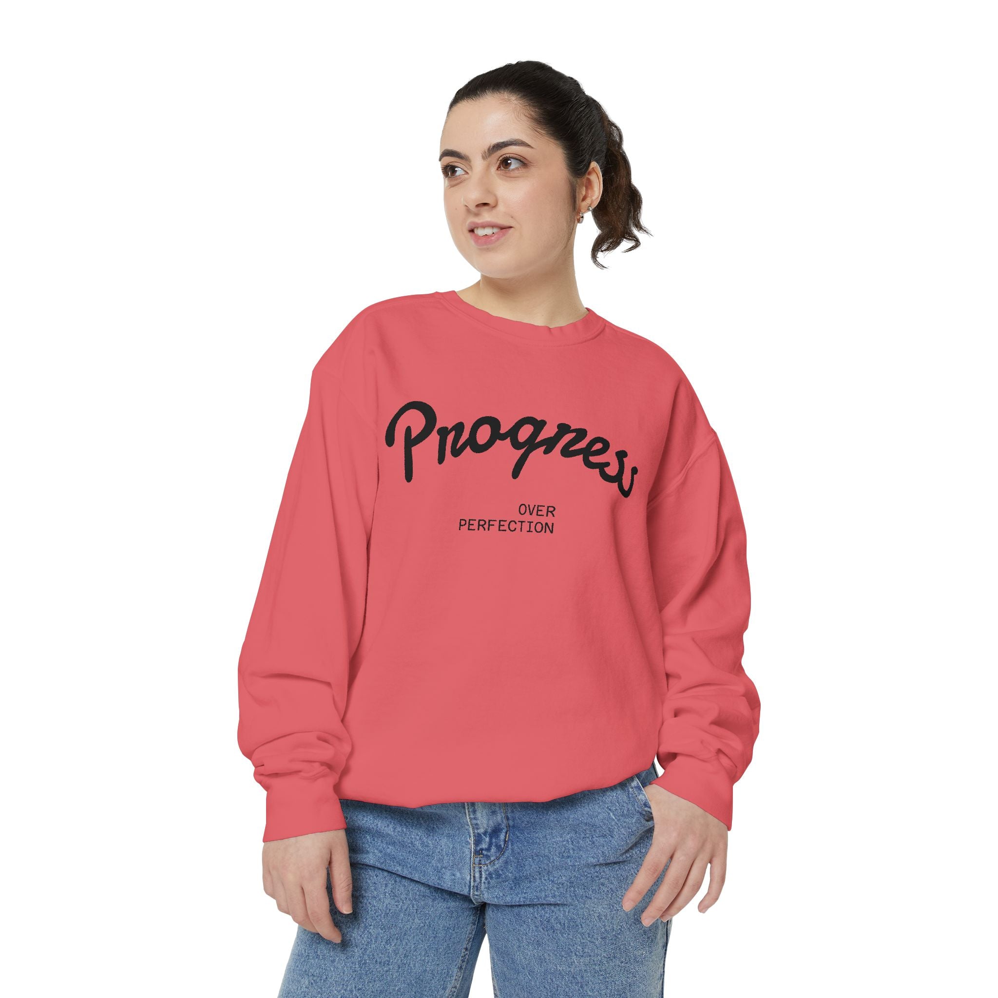 Progress Over Perfection Sweatshirt — Minimal Embroidered Motivational Crewneck