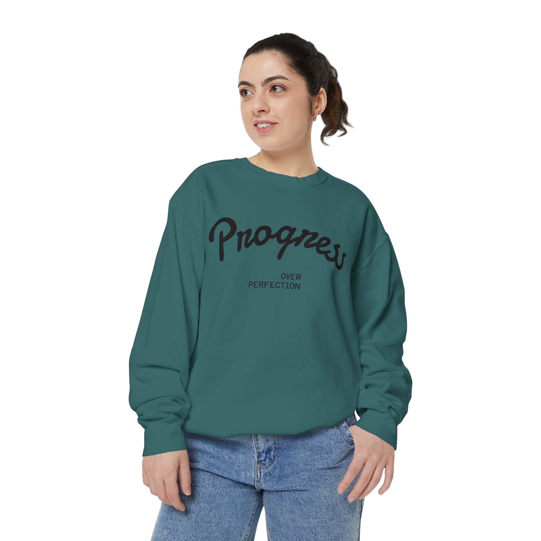 Progress Over Perfection Sweatshirt — Minimal Embroidered Motivational Crewneck
