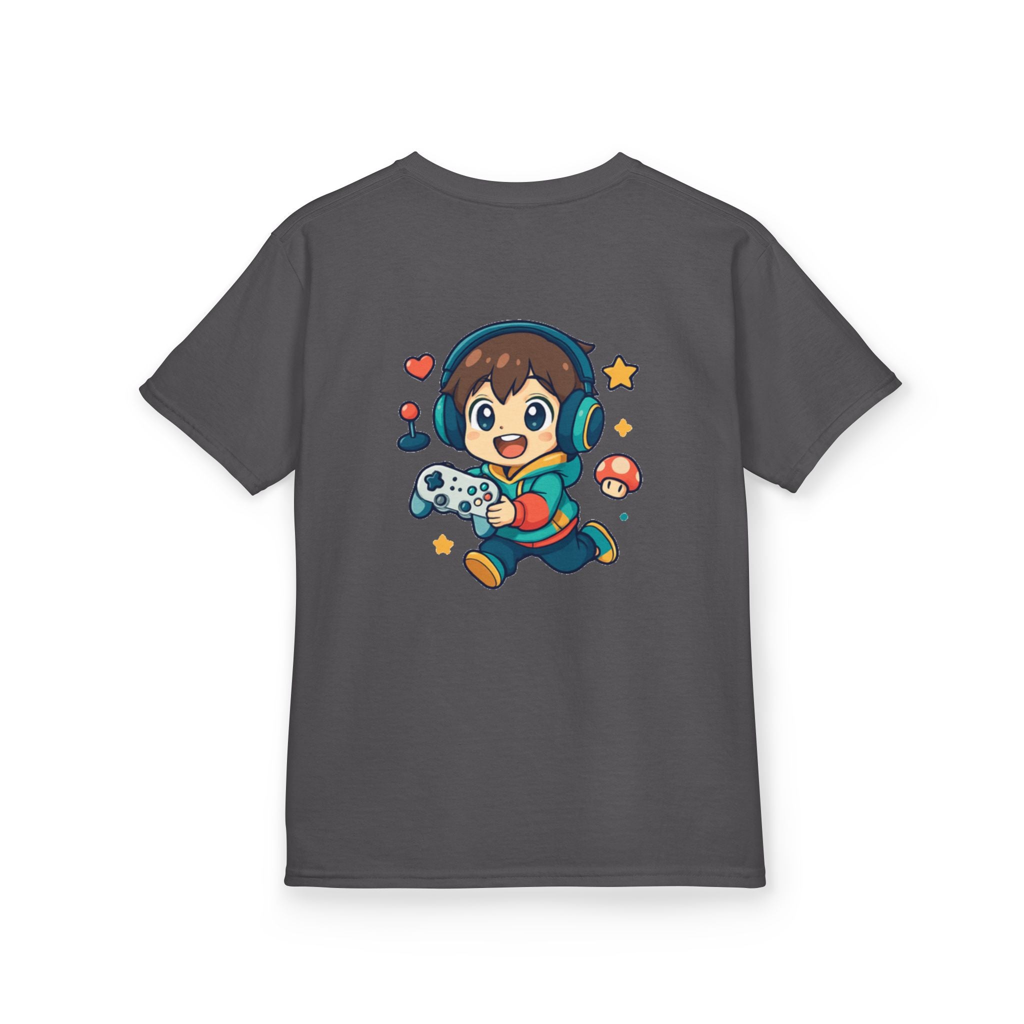 Kids Gamer Tee — Colorful Graphic Back Print & Minimal Front Logo (Many Colors)