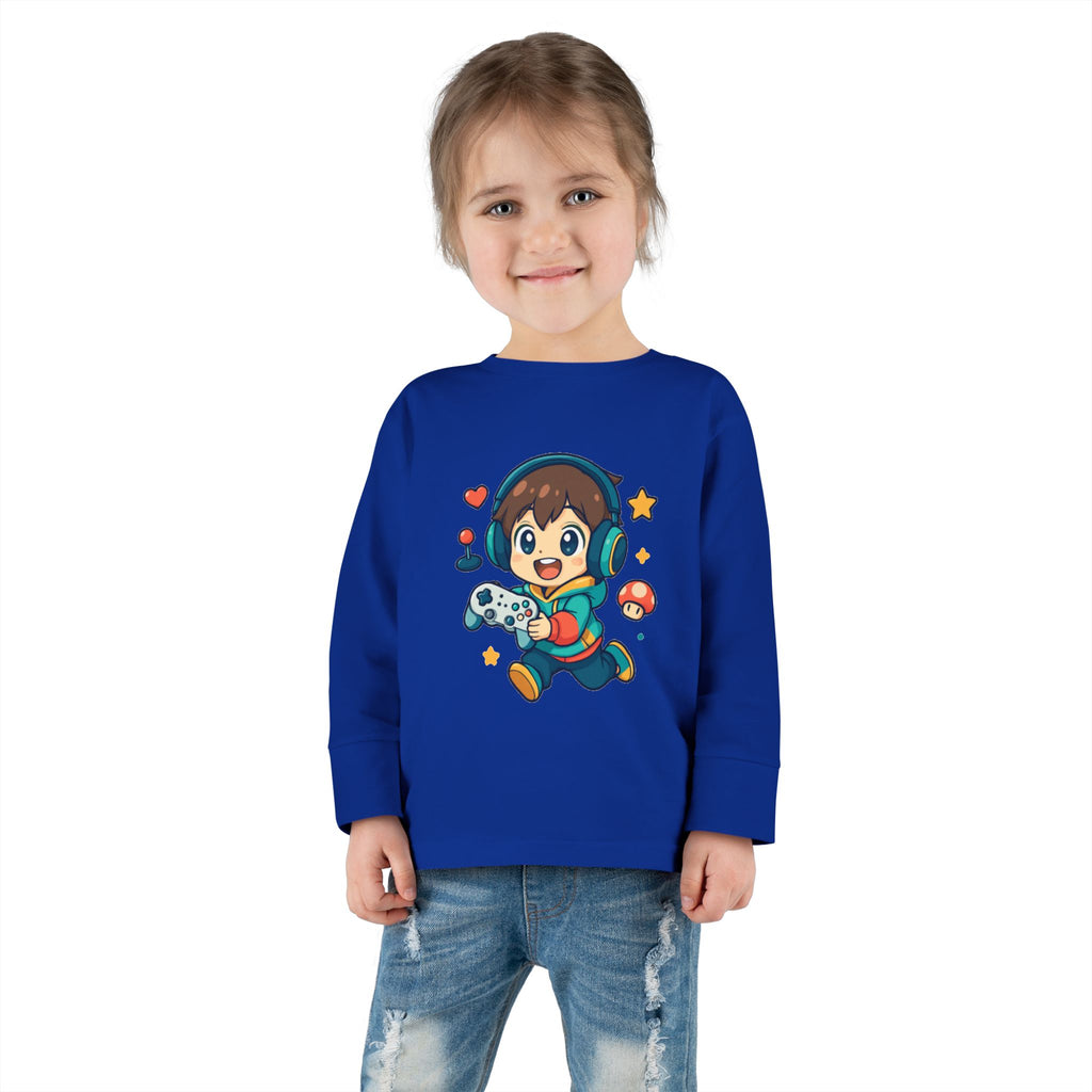 Kids Gamer Tee — Cute Cartoon Boy with Controller Long Sleeve Toddler Shirt