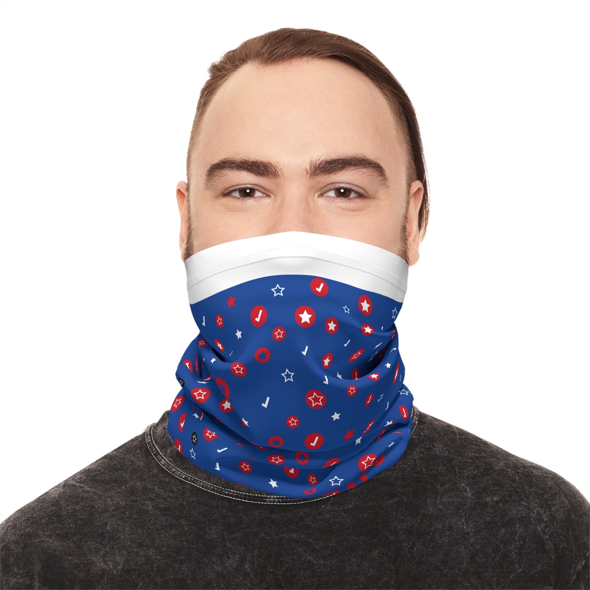 Neck Gaiter — Patriotic Red & White Stars on Blue Lightweight Face Scarf