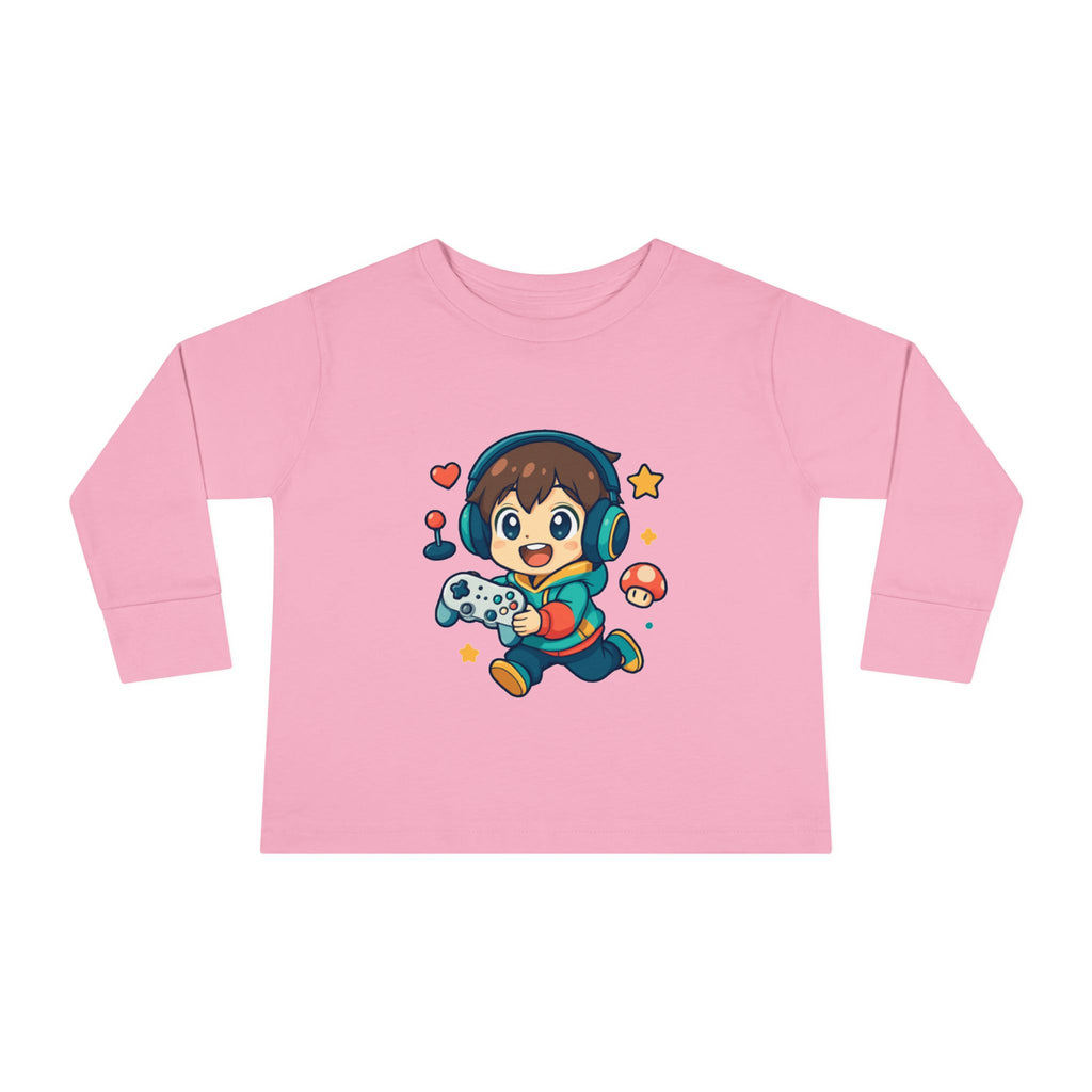 Kids Gamer Tee — Cute Cartoon Boy with Controller Long Sleeve Toddler Shirt