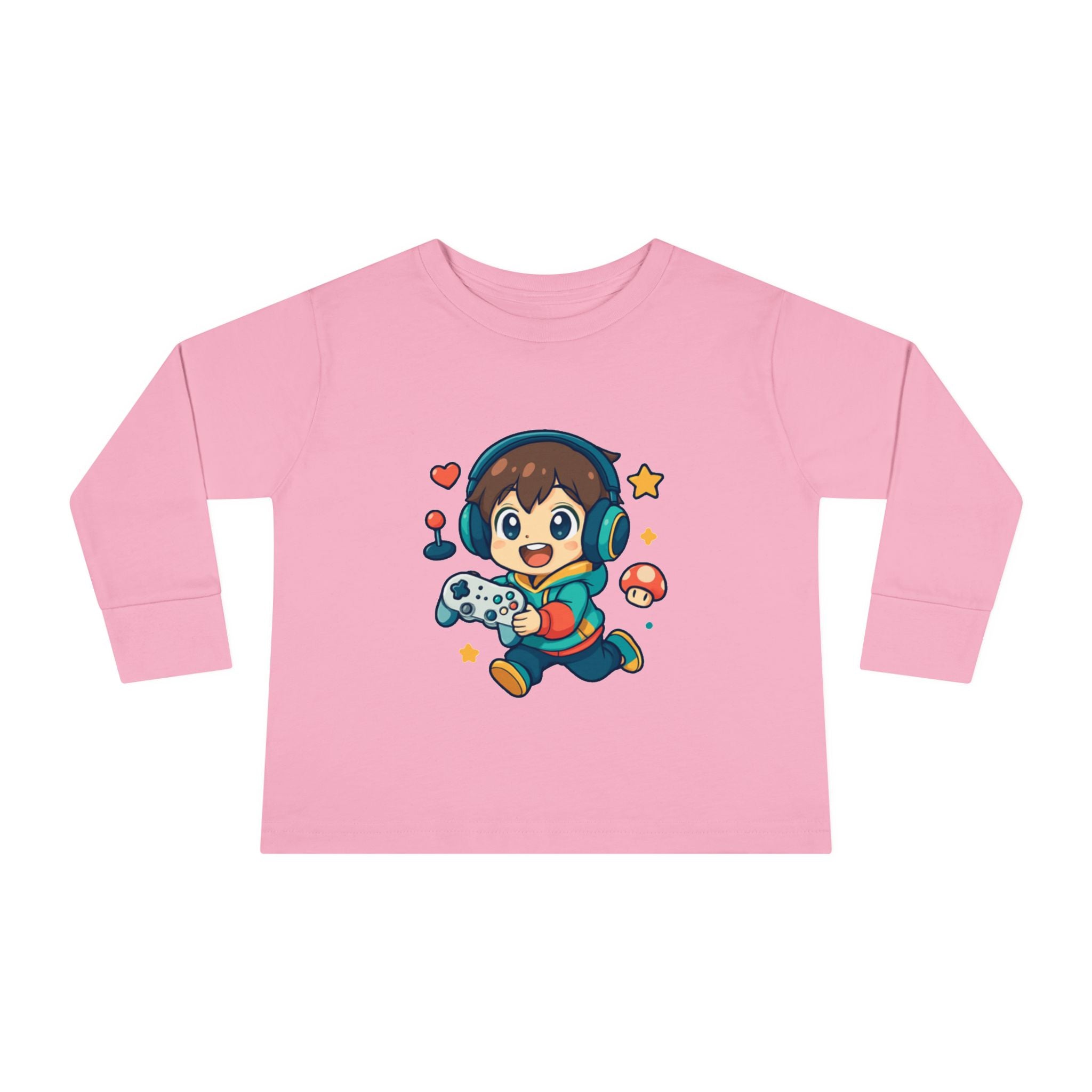 Kids Gamer Tee — Cute Cartoon Boy with Controller Long Sleeve Toddler Shirt