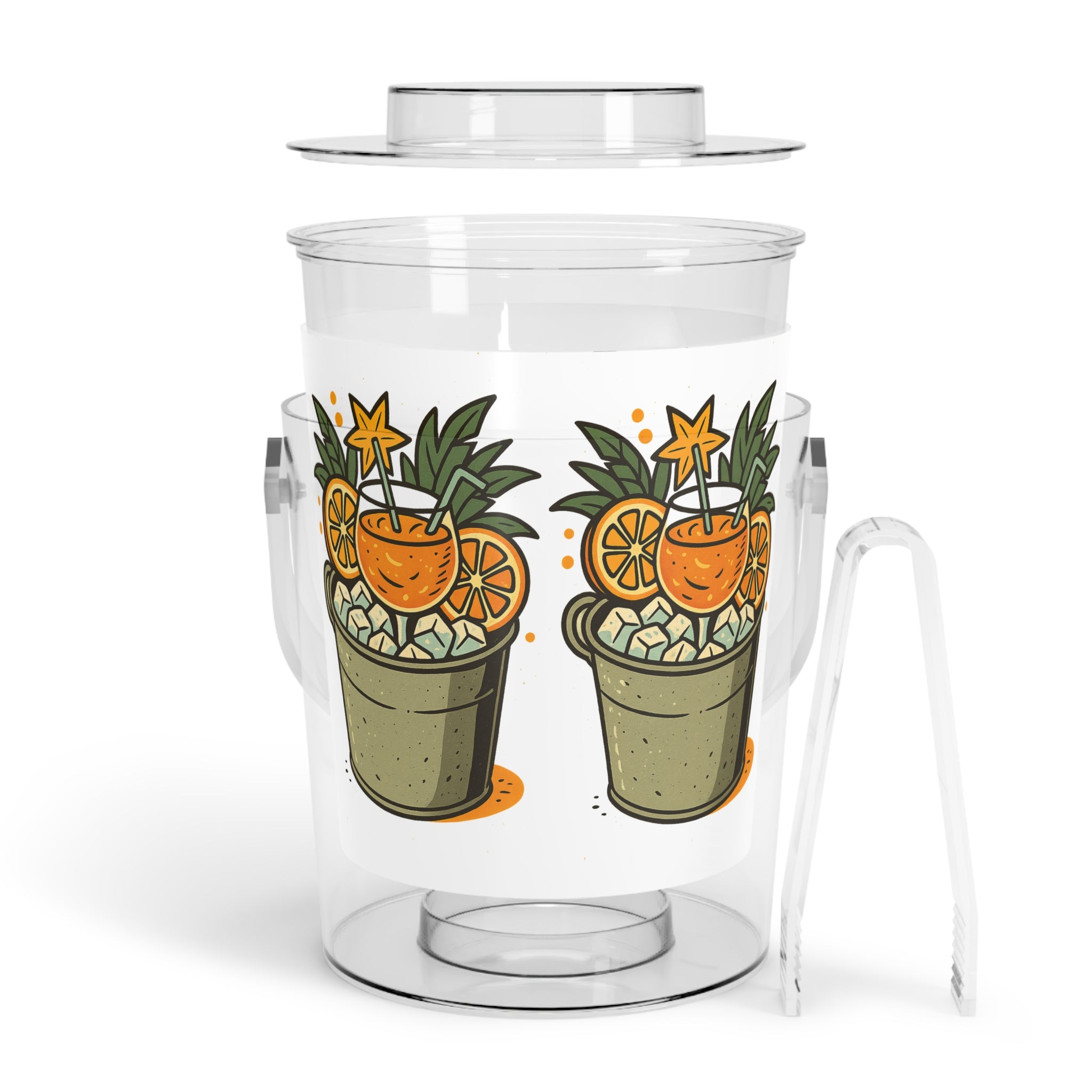 Tropical Cocktail Ice Bucket with Tongs – Pineapple Orange Drink Design