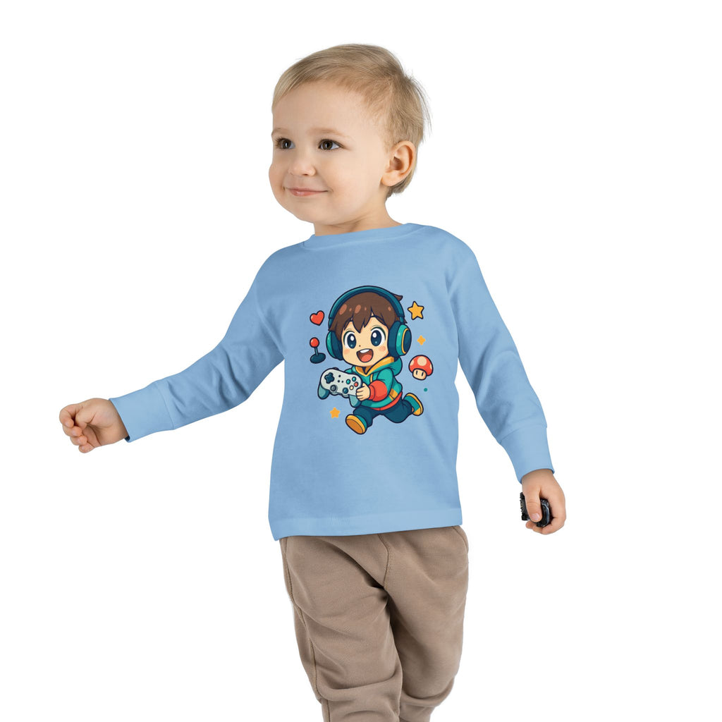 Kids Gamer Tee — Cute Cartoon Boy with Controller Long Sleeve Toddler Shirt