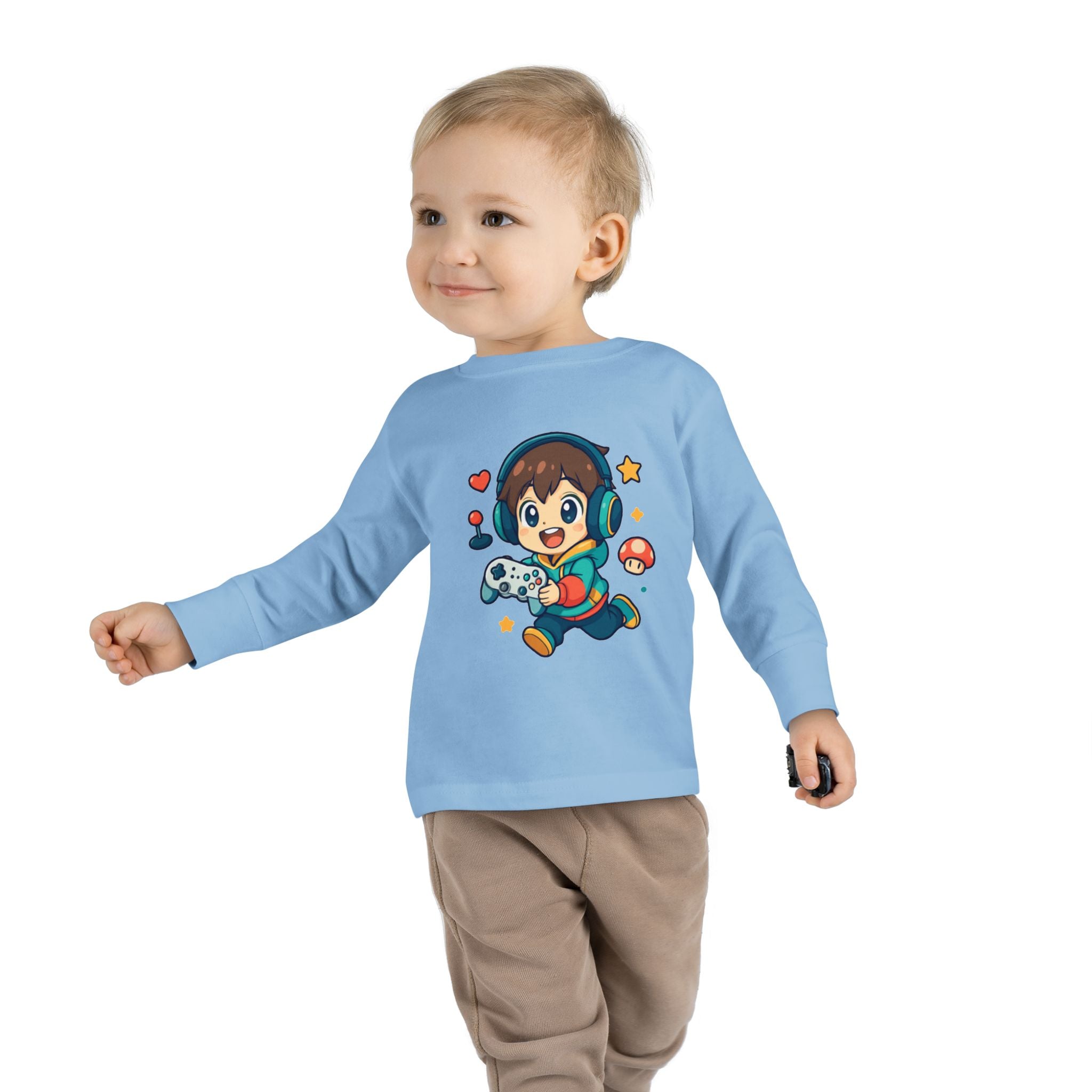 Kids Gamer Tee — Cute Cartoon Boy with Controller Long Sleeve Toddler Shirt