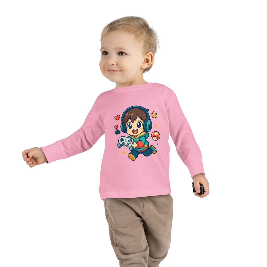 Kids Gamer Tee — Cute Cartoon Boy with Controller Long Sleeve Toddler Shirt