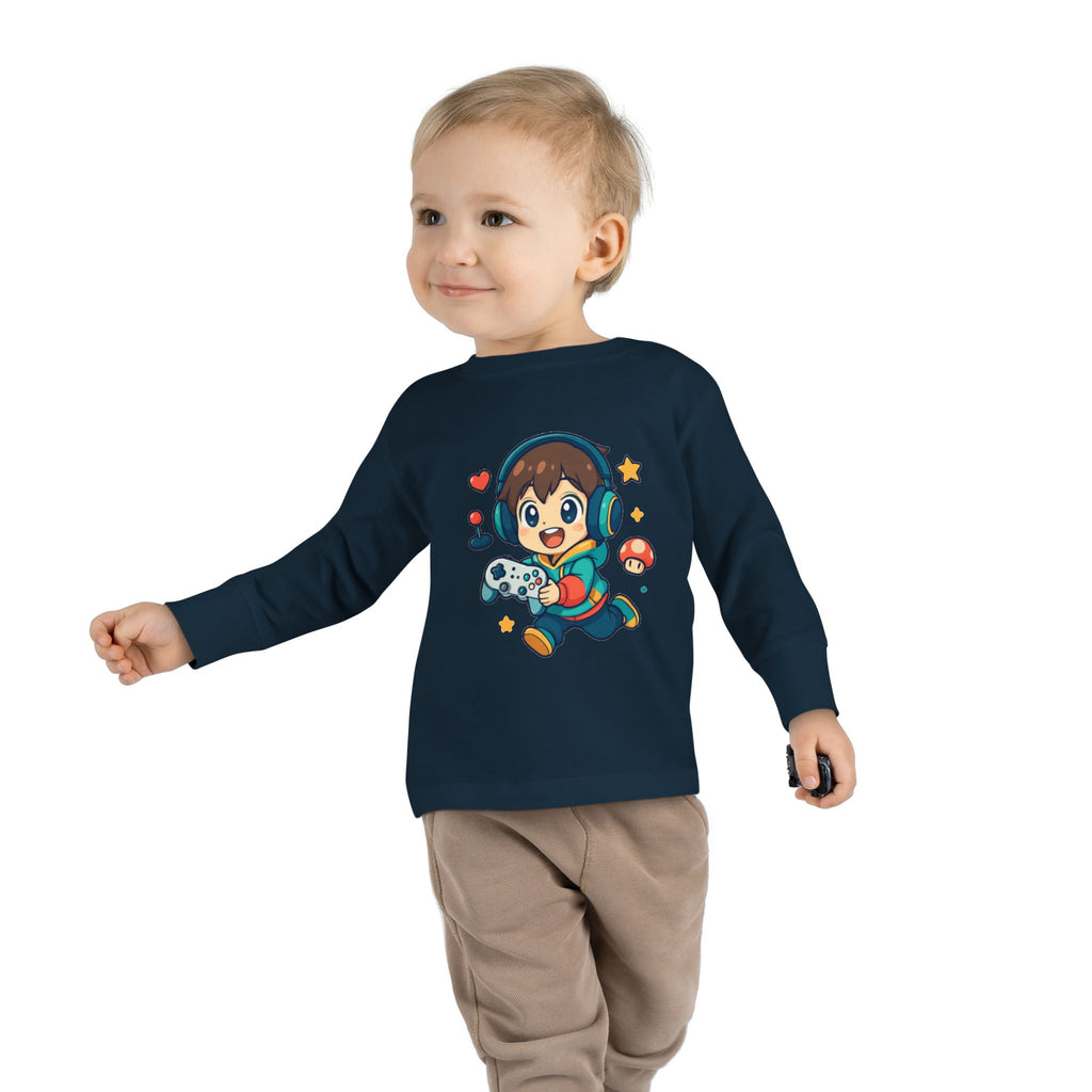 Kids Gamer Tee — Cute Cartoon Boy with Controller Long Sleeve Toddler Shirt