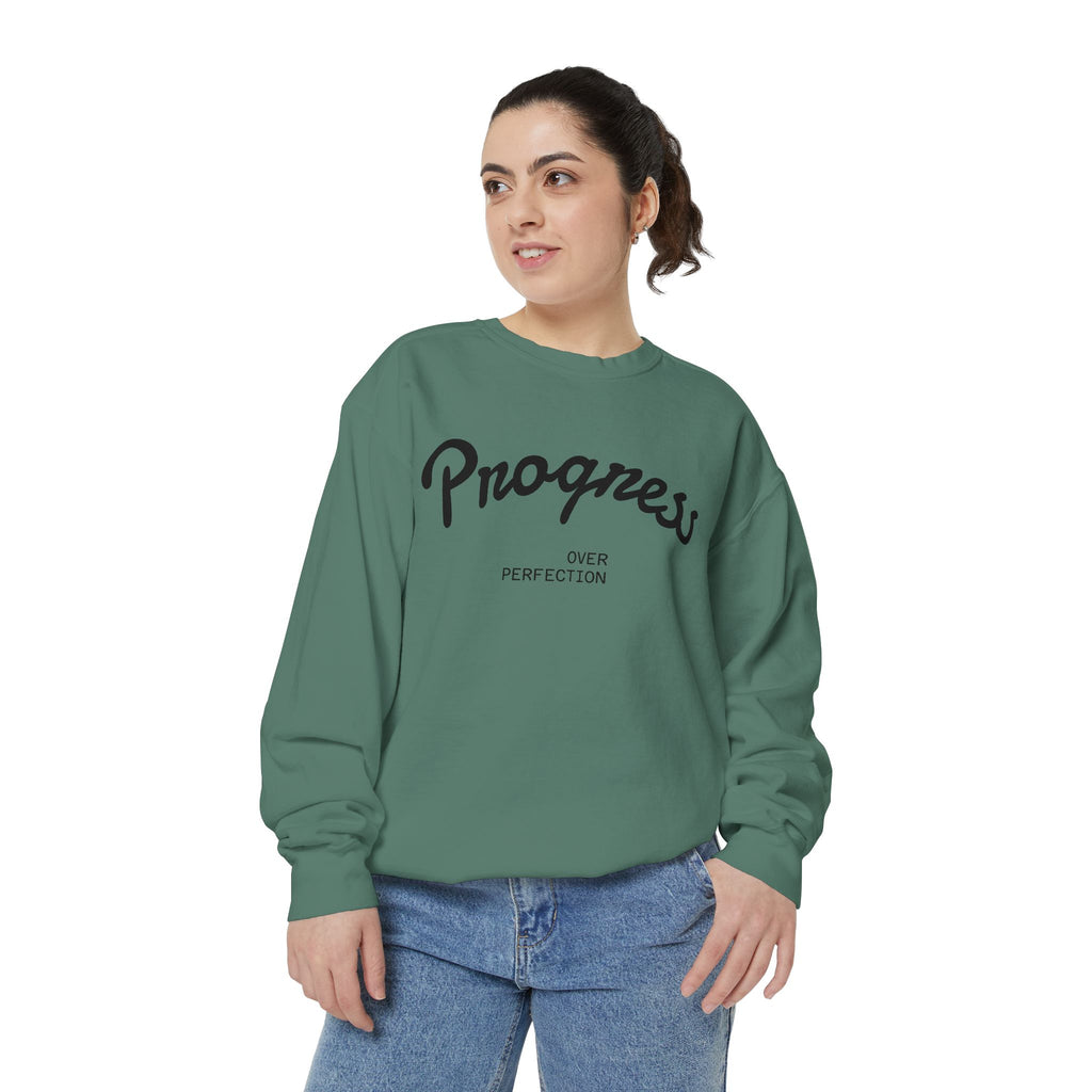 Progress Over Perfection Sweatshirt — Minimal Embroidered Motivational Crewneck
