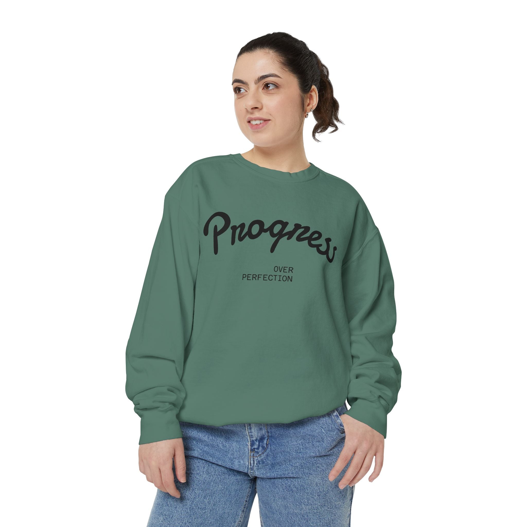Progress Over Perfection Sweatshirt — Minimal Embroidered Motivational Crewneck