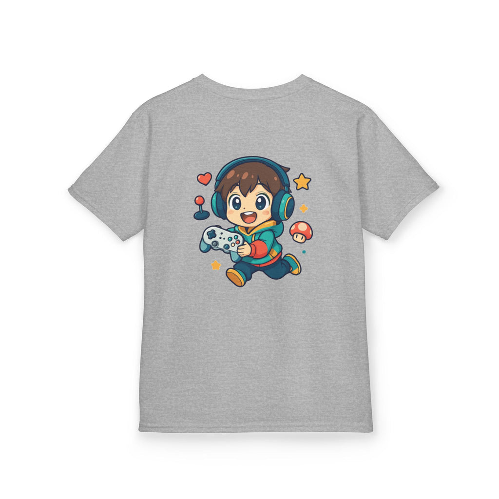 Kids Gamer Tee — Colorful Graphic Back Print & Minimal Front Logo (Many Colors)