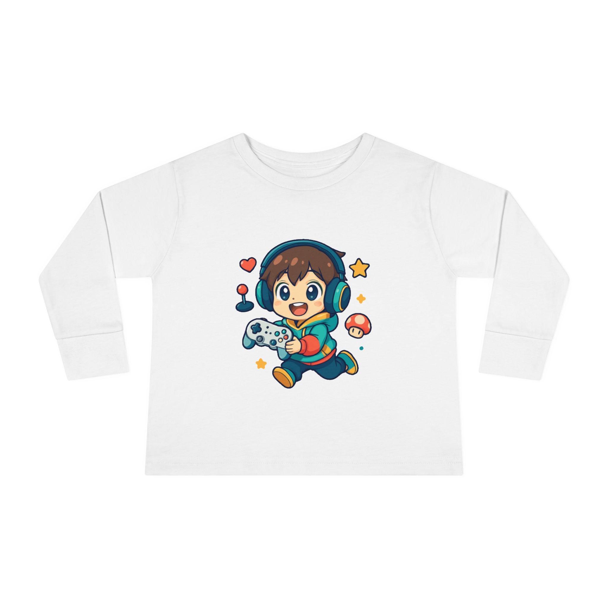 Kids Gamer Tee — Cute Cartoon Boy with Controller Long Sleeve Toddler Shirt